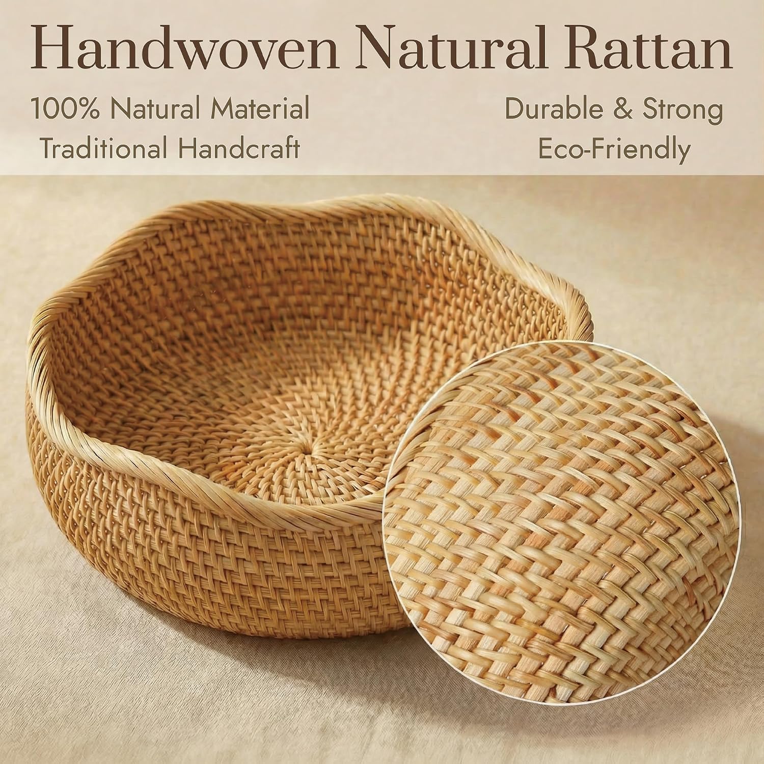 YANGQIHOME Rattan Bread Basket, Round Fruit Baskets, Wicker Storage Bowls, Natural Woven Serving Basket Bowls