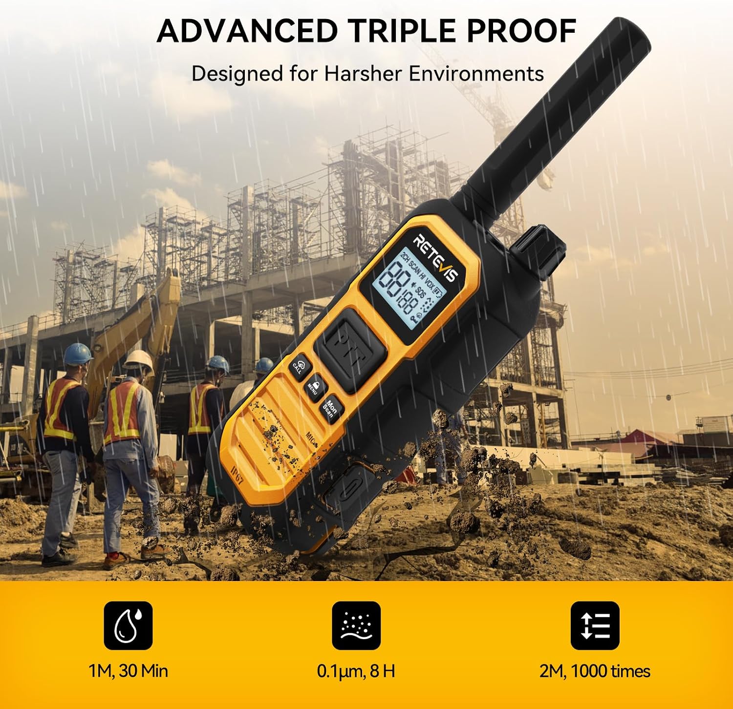 Retevis RB48PLUS GMRS Walkie Talkies Long Range,IP67 Waterproof 2 Way Radio | Repeater Capable, Dual PTT, Vibration Alert, NOAA, SOS, for Hurricane Preparedness, Emergency Communication, Outdoor, 2 Pack