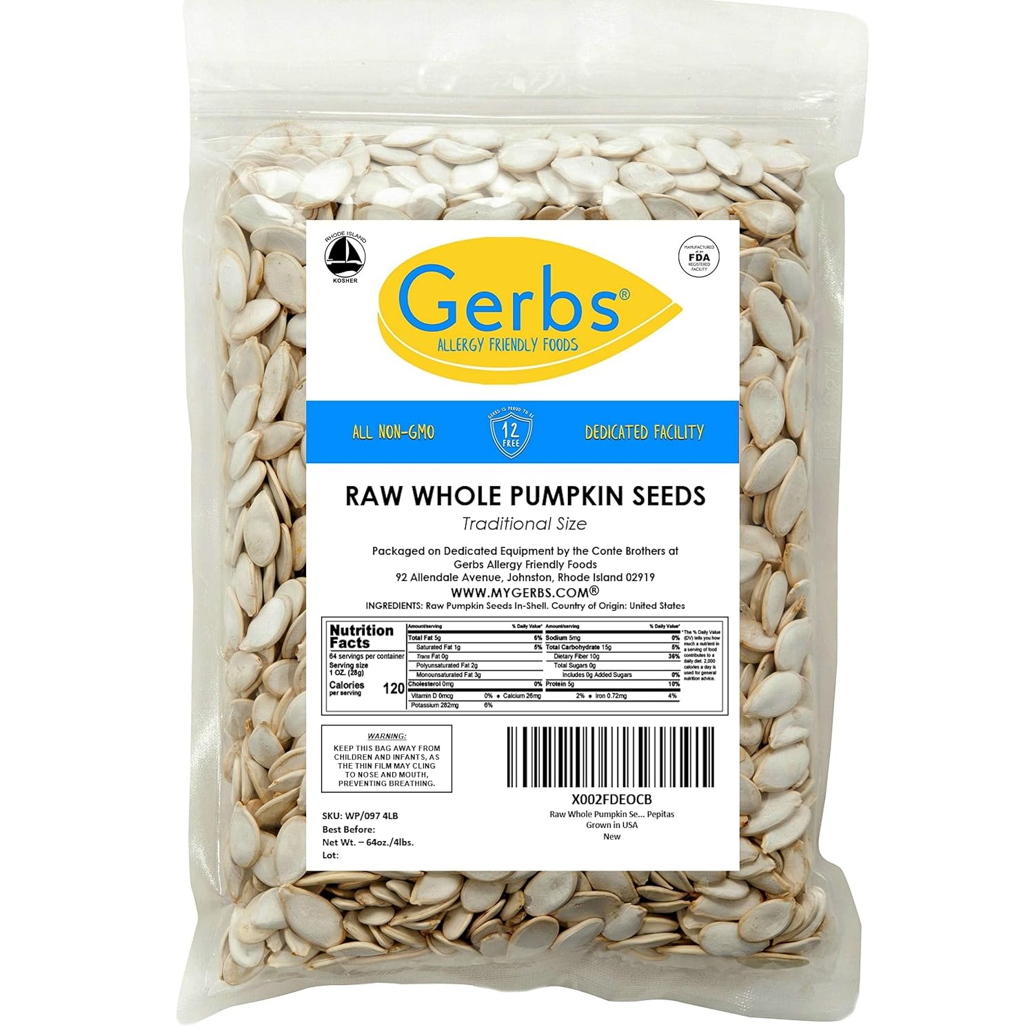 Gerbs Raw Whole Pumpkin Seeds 2 lbs. | In-Shell, 10.5 mm Size, Resealable Bag | Mildly Nutty & Crunchy | Top 14 Allergen-Free