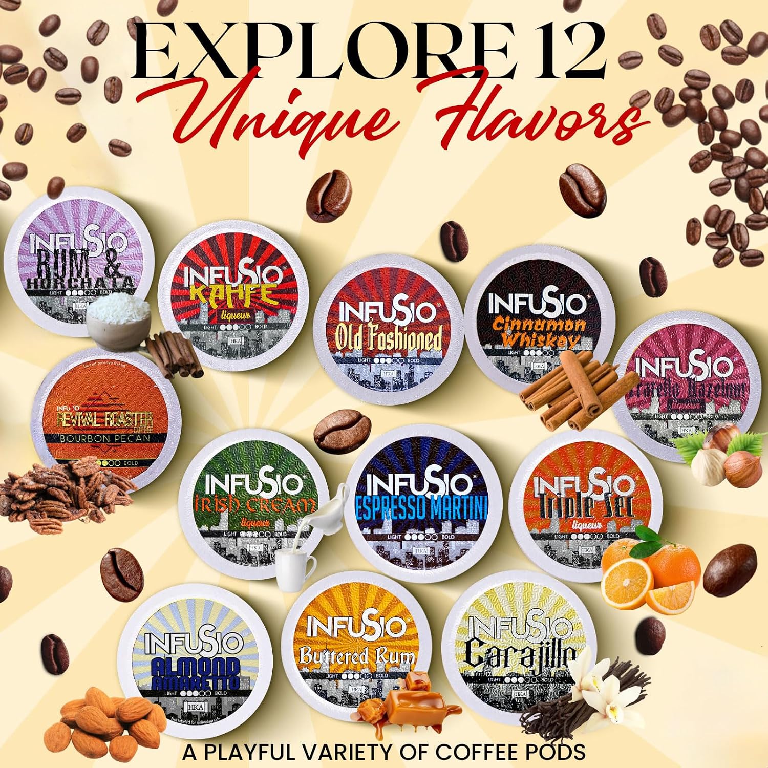 InfuSio Coffee Pods Variety Pack – 96 Count, 12 Blends of Crafted Origins and Indulgent Flavors Including Bourbon Pecan, Butter Toffee & Hazelnut, Medium & Dark Roast, No Sweeteners, Low Acid, Keurig Compatible