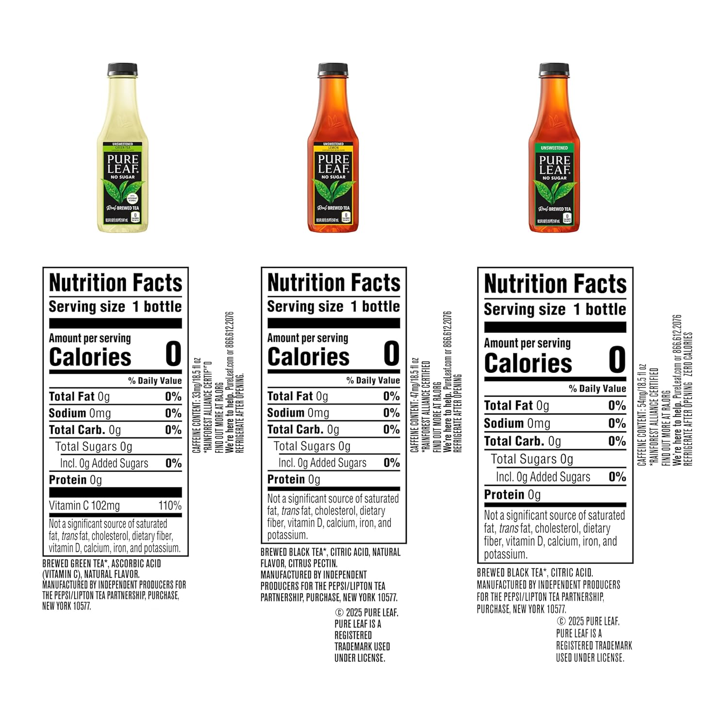 Pure Leaf Iced Tea, Unsweetened Green Tea, 18.5 fl Oz Bottles (Pack of 12)
