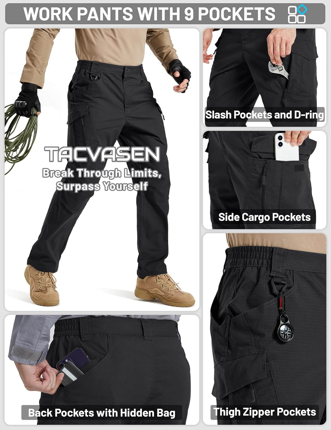 TACVASEN Men's Tactical Pants Waterproof Hiking Work Pants for Men Construction Stretch Cargo Trousers 9 Pockets