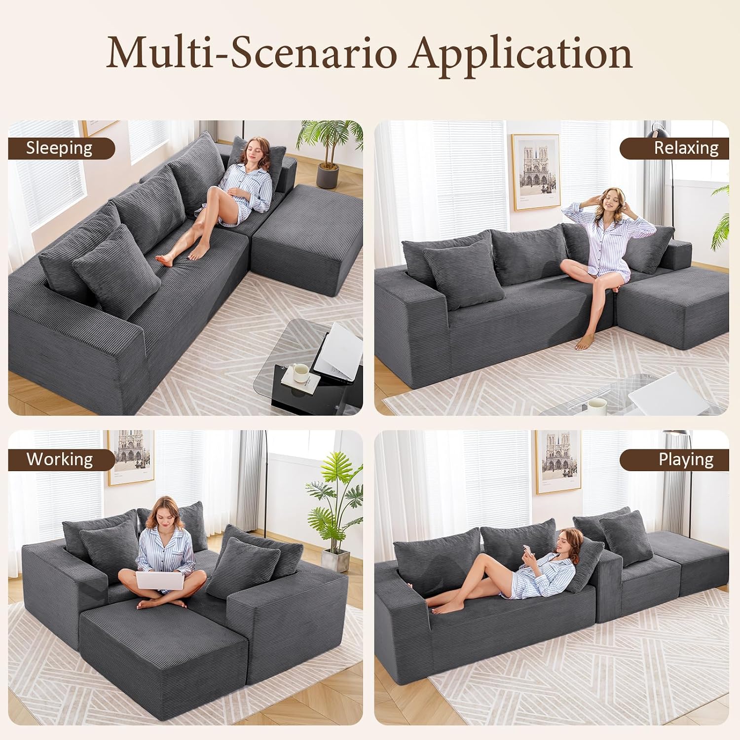 INGEROOM 108" Cloud Sectional Couch with L-Shape Chaise, Modular Sofa Memory Foam, Boneless Sofa with Movable Ottoman