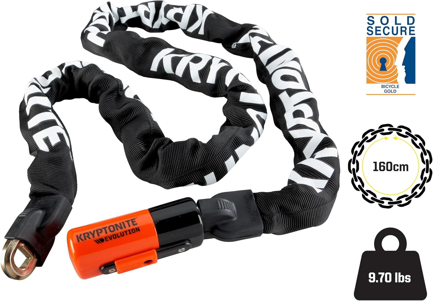 Kryptonite 1016 Evolution 9.7 Pound Integrated Bike Chain - 5.25 ft Long 10mm Steel Chain with Keys for Bicycles, E-Bikes, Motorcycles
