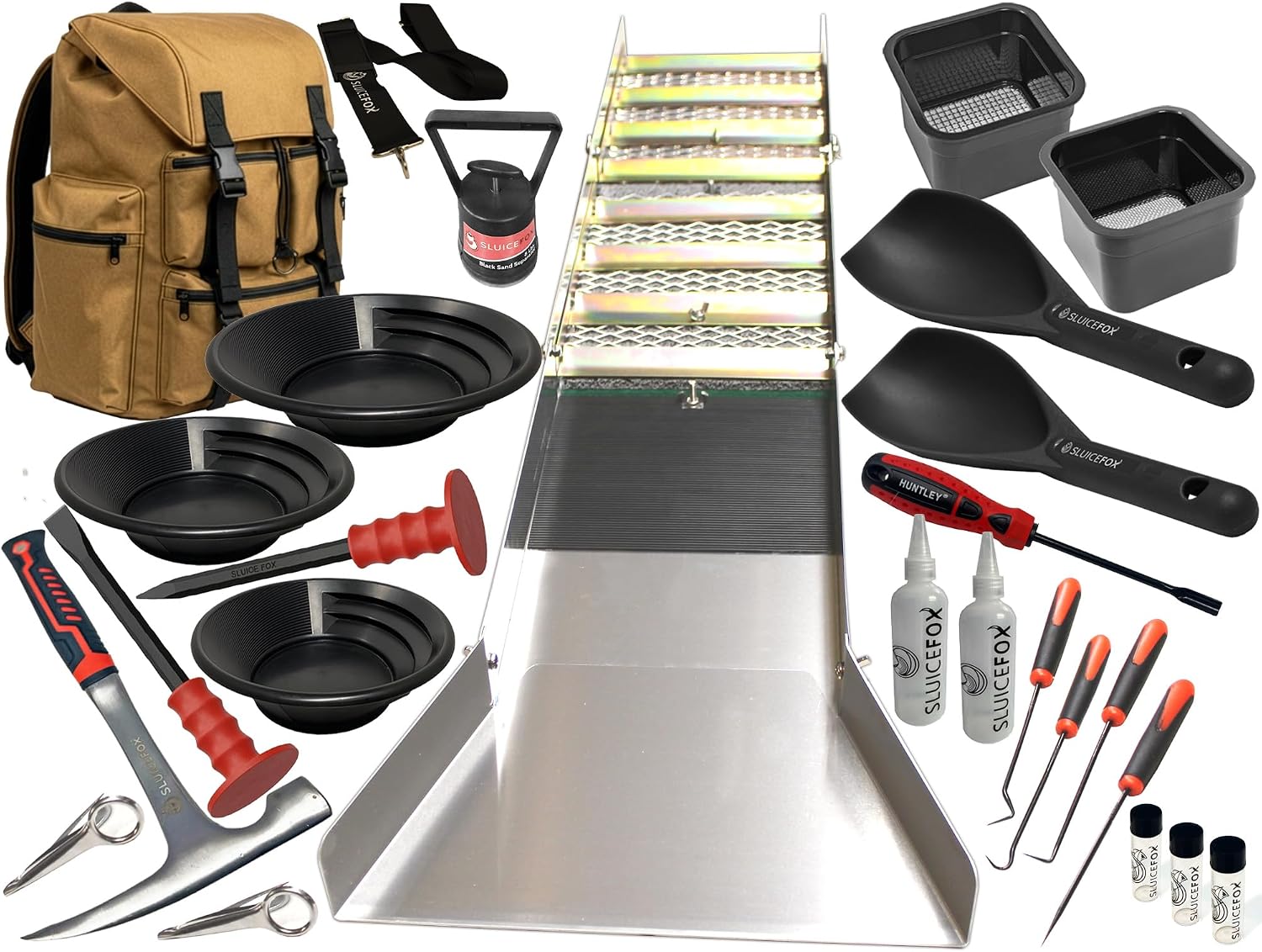 Complete Gold Mining Kit, Folding 50 inch River Sluice Box, Prospecting Equipment, Rock Pick Hammer, Gold Classifiers, Pay Dirt Scoop