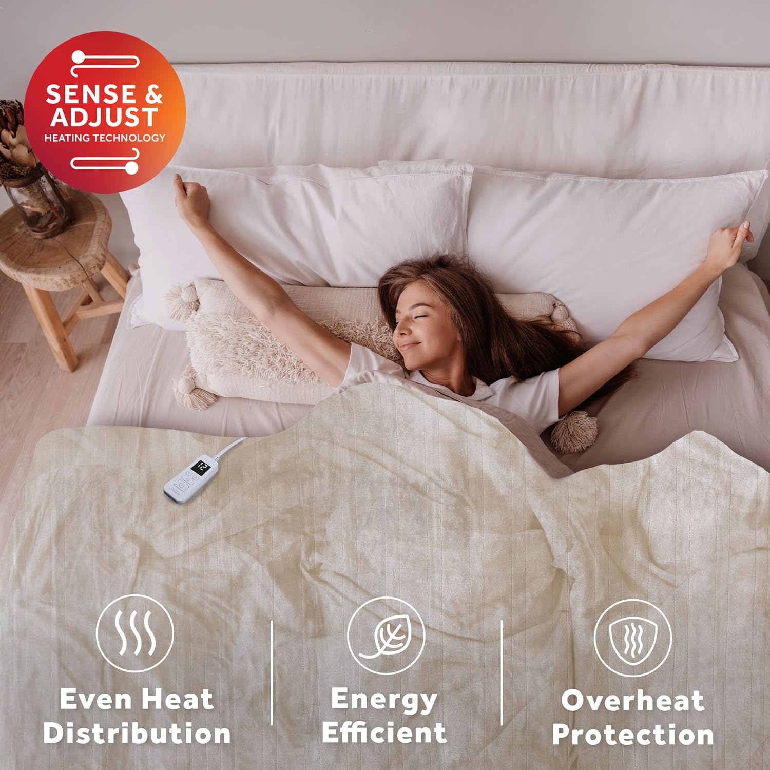 Sunbeam Electric Royal Posh Velvet Heated Blanket, 12 Heat Settings, 12-Hour Selectable Auto Shut-Off, Fast Heating, Warm and Lush, Champagne Color, King, 90" x 100"