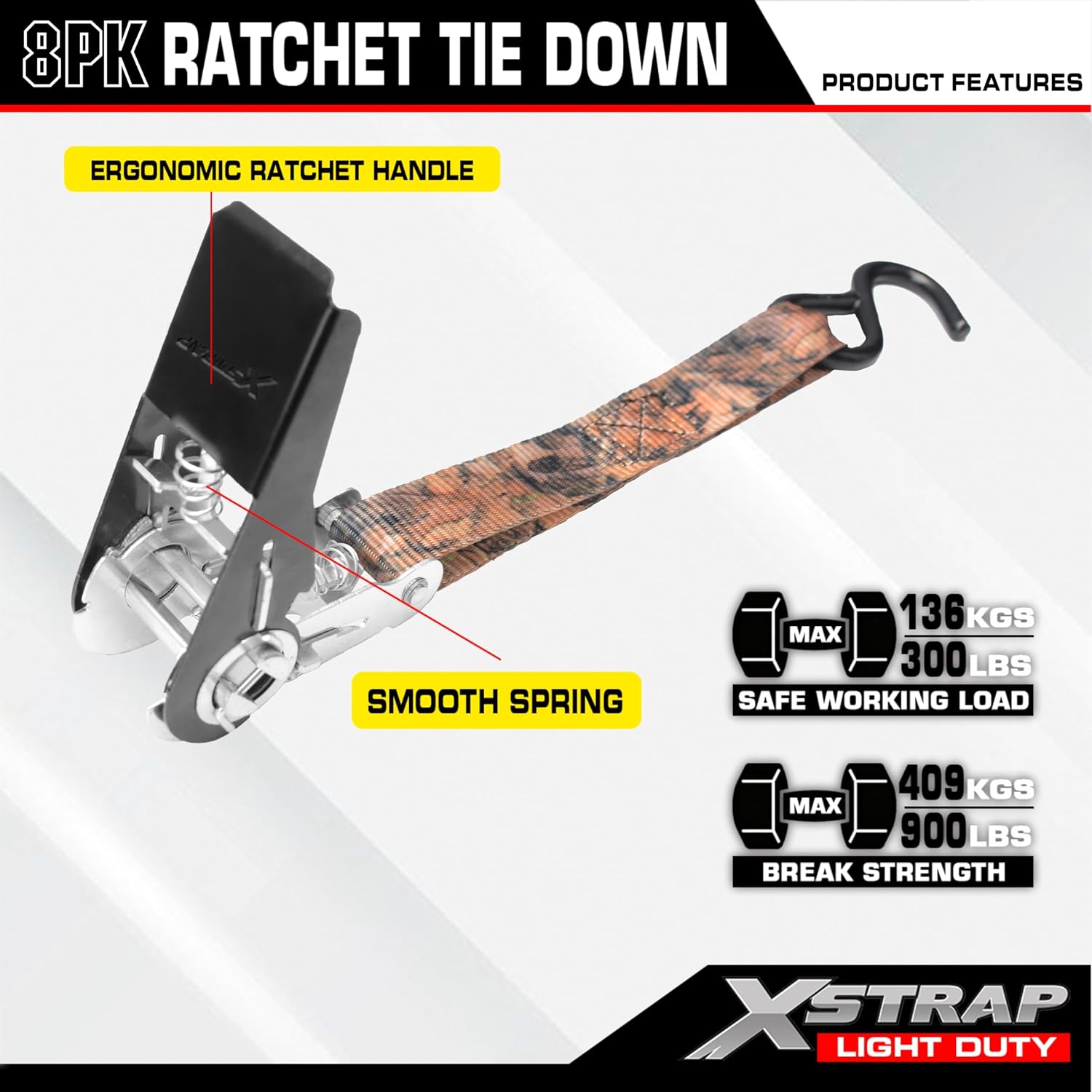 XSTRAP STANDARD 8-PK Ratchet Tie Down Straps, 1" x 10ft Cargo Strap, Yellow