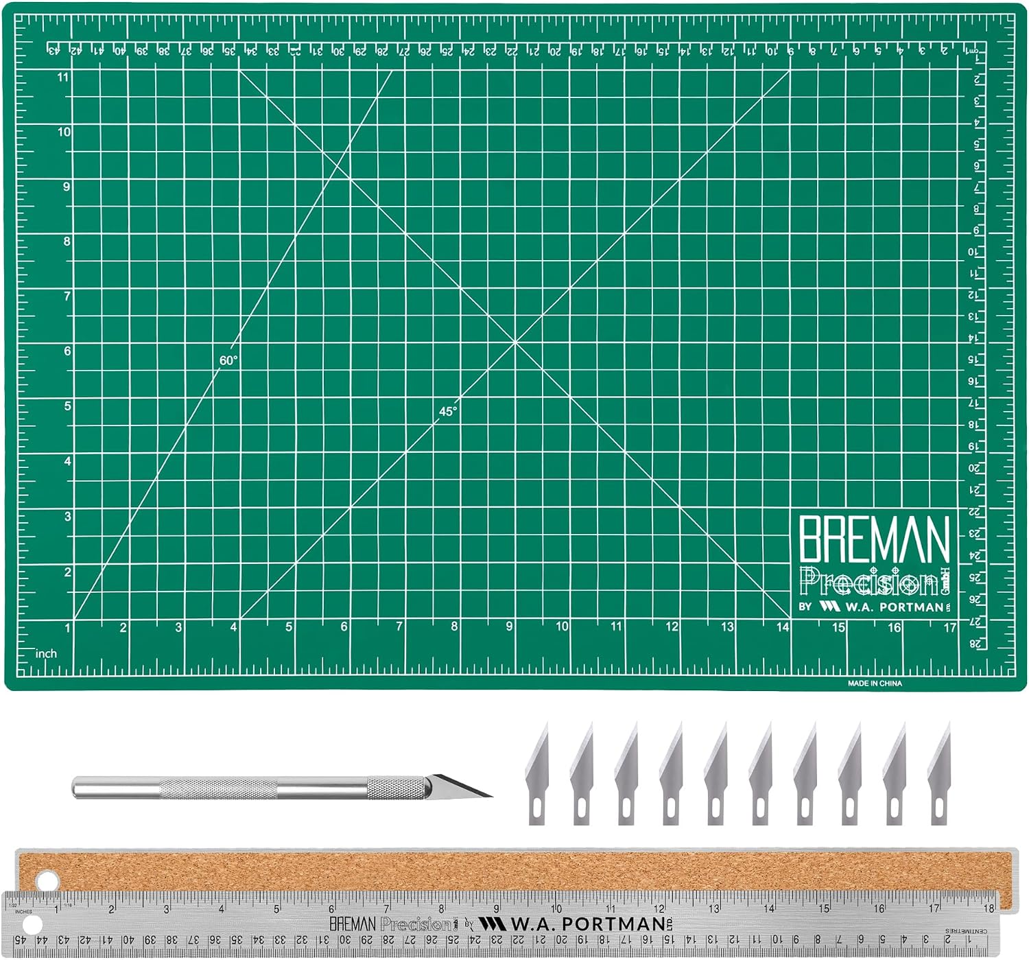 WA Portman Self-Healing Cutting Mat, Crafting Knife, 36'' Metal Ruler Set | This set includes 24x36 Inch Sewing Cutting Mat, 10pc #11 Blades, Exacto Knife Set, & 36 Inch Cork Backed Metal Ruler Set