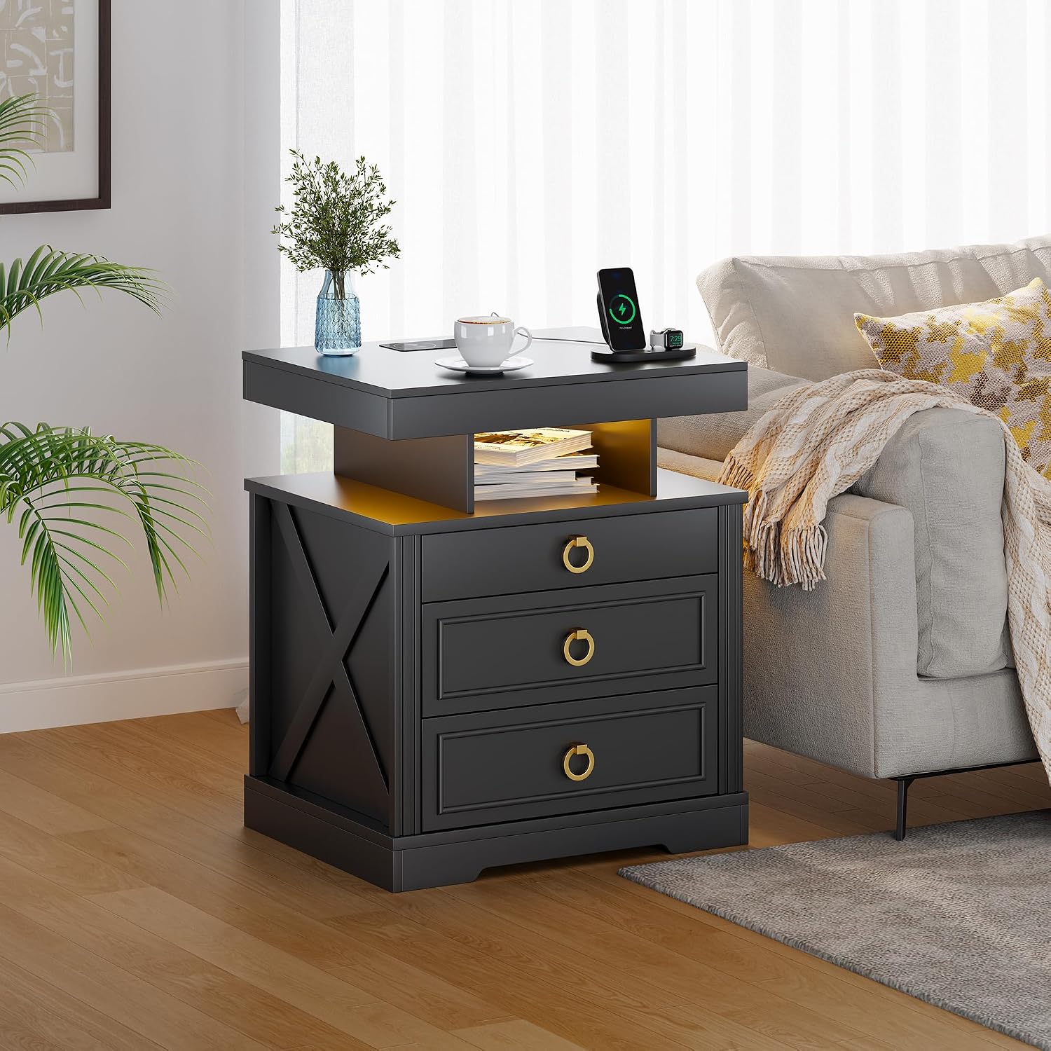 Smart LED Nightstand with Lockable Gun Drawer & Glass Top（Black） | Modern Bedside Table with Charging Station and Hidden Storage, LED Night Stand with 4 Drawers & Motion Sensor for Bedroom