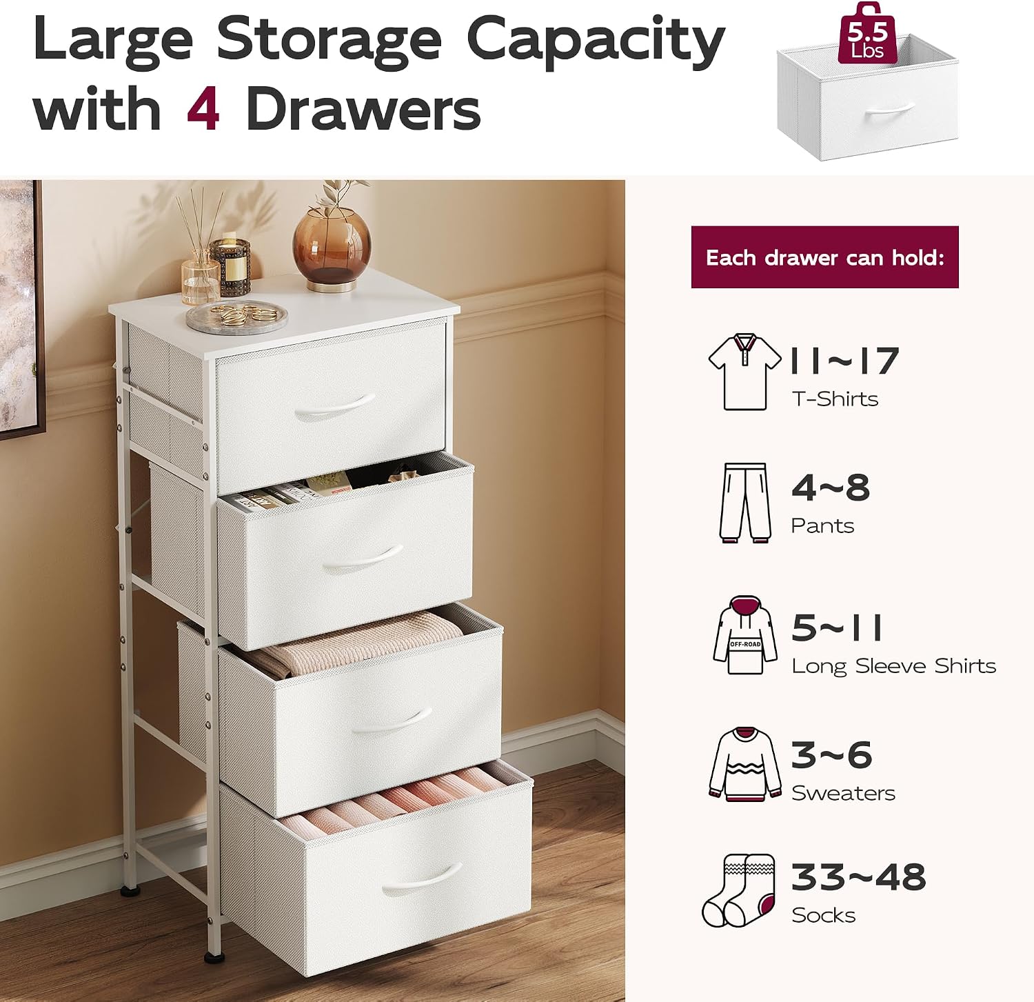 WLIVE Small Dresser Nightstand for Bedroom, 4 Drawers, Light Grey | 4 vertical fabric drawers, Space-saving tower, Bedroom or closet use, Chest of drawers, Dresser for small spaces