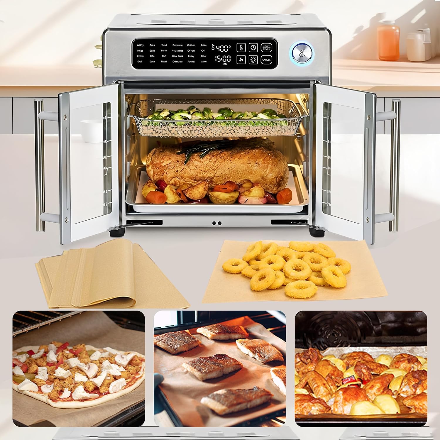 120PCS Air Fryer Liners Disposable for Emeril Lagasse 26QT Air Fryer | Unbleached Non-Stick Parchment Paper Sheets Accessories for Emeril Lagasse French Door 360 Air Fryer 26QT Toaster Oven