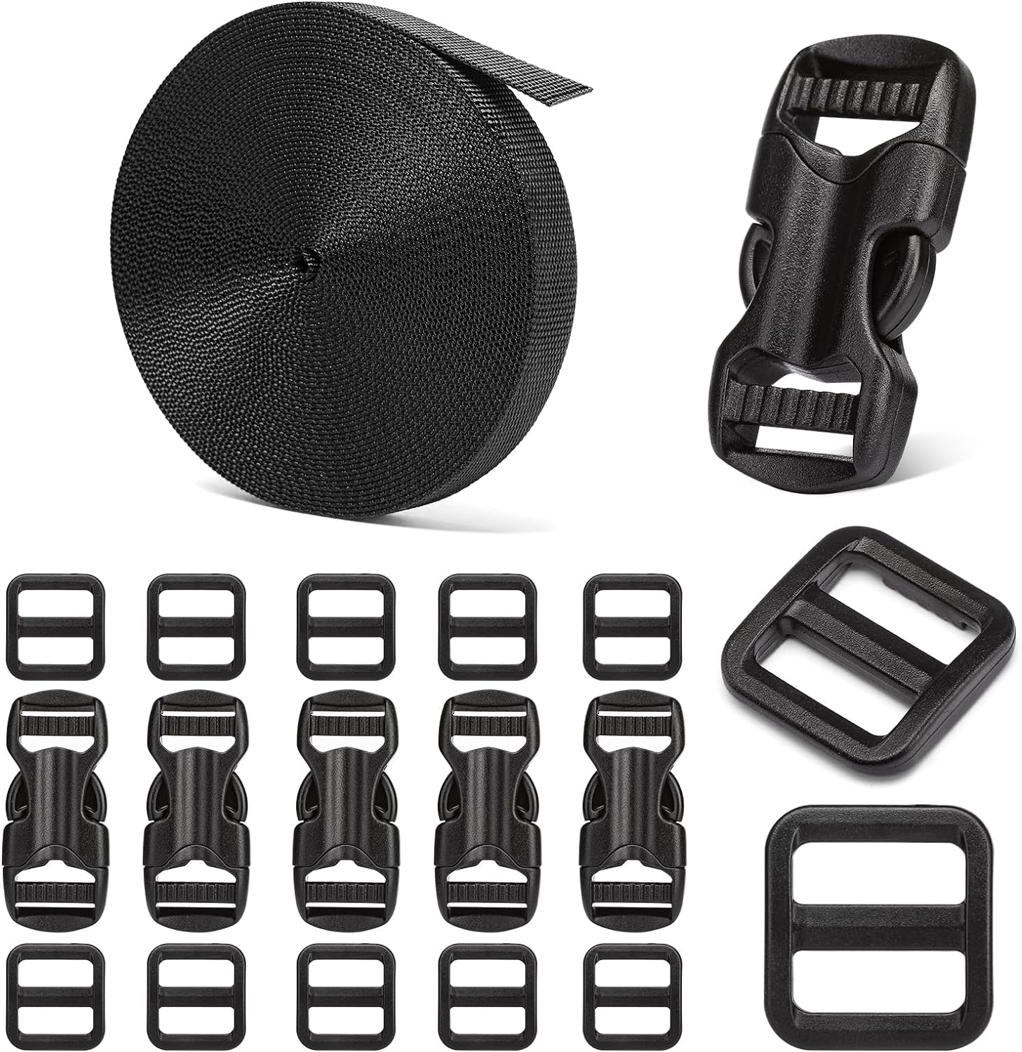 BEYOURD Buckles and Straps Set 1": 6 Yards of Thick Nylon Webbing, 6-Pack Heavy Duty Adjustable Quick Side Release Plastic Buckles