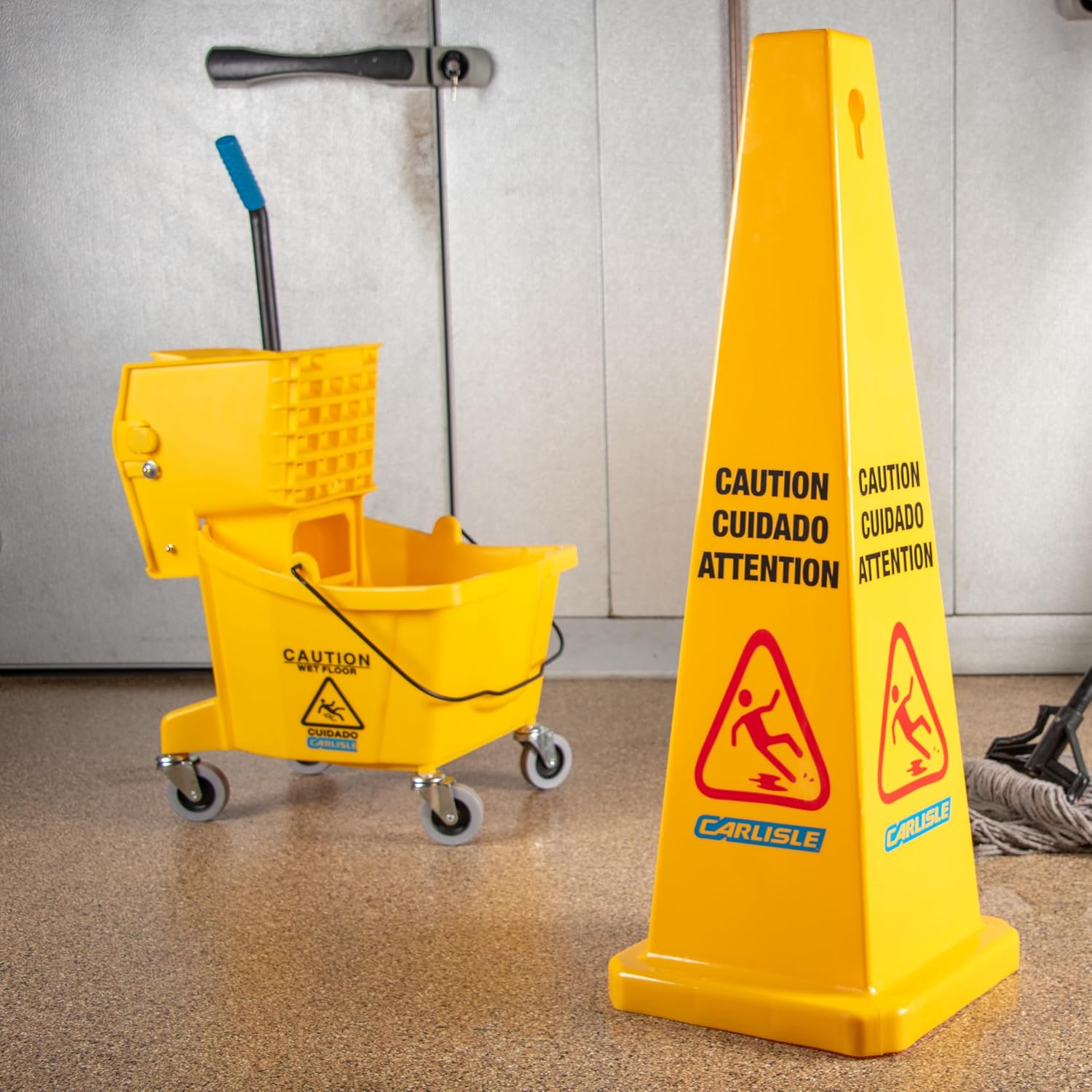 Carlisle FoodService Products 26 Qt Mop Bucket with Side Wringer, Yellow | 18.5 x 16.5 x 16.5 Inches, 34.25-Inch Handle Height, 50,000-Cycle Wringer, Non-Marking Casters, Assembly Required