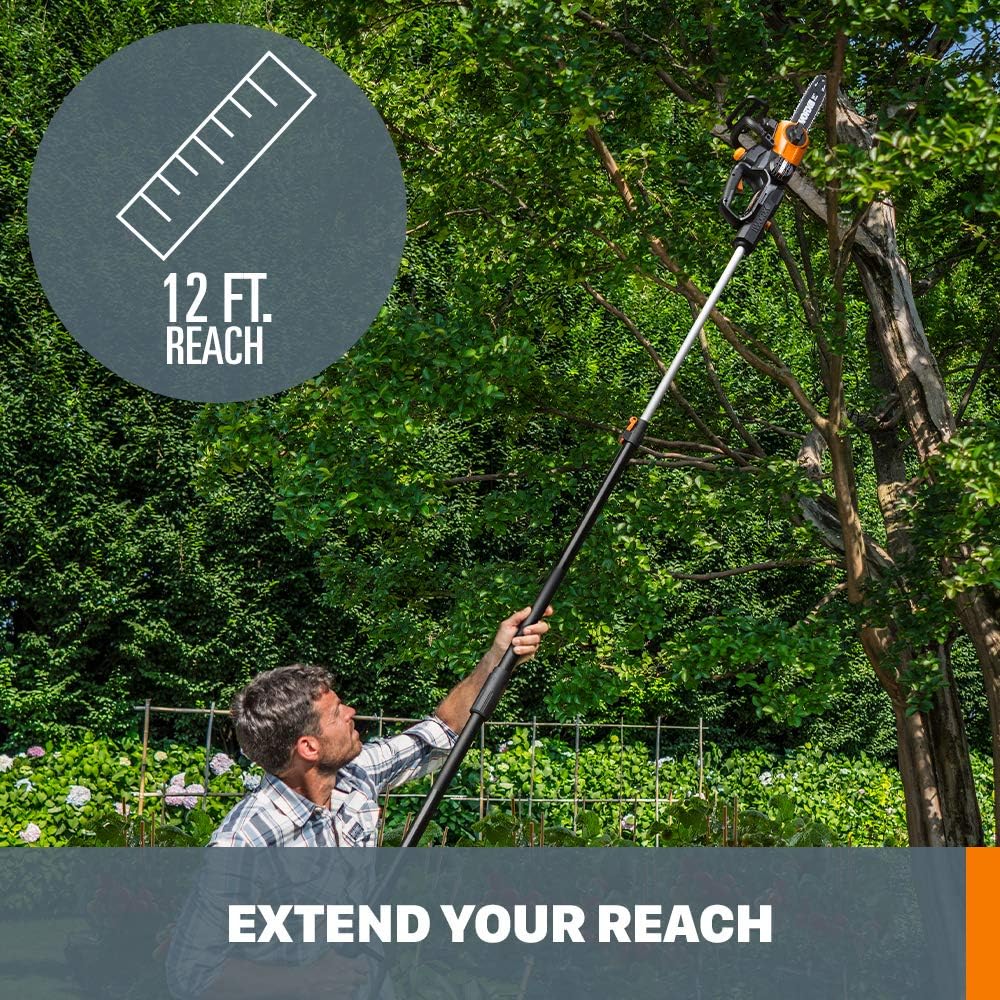WORX Cordless Chainsaw, 20V 10" 2-in-1 Pole Saw with Auto-Tension, WG323 | 12' extra reach with pole, weighs 10 lbs, auto-tension chain adjustment