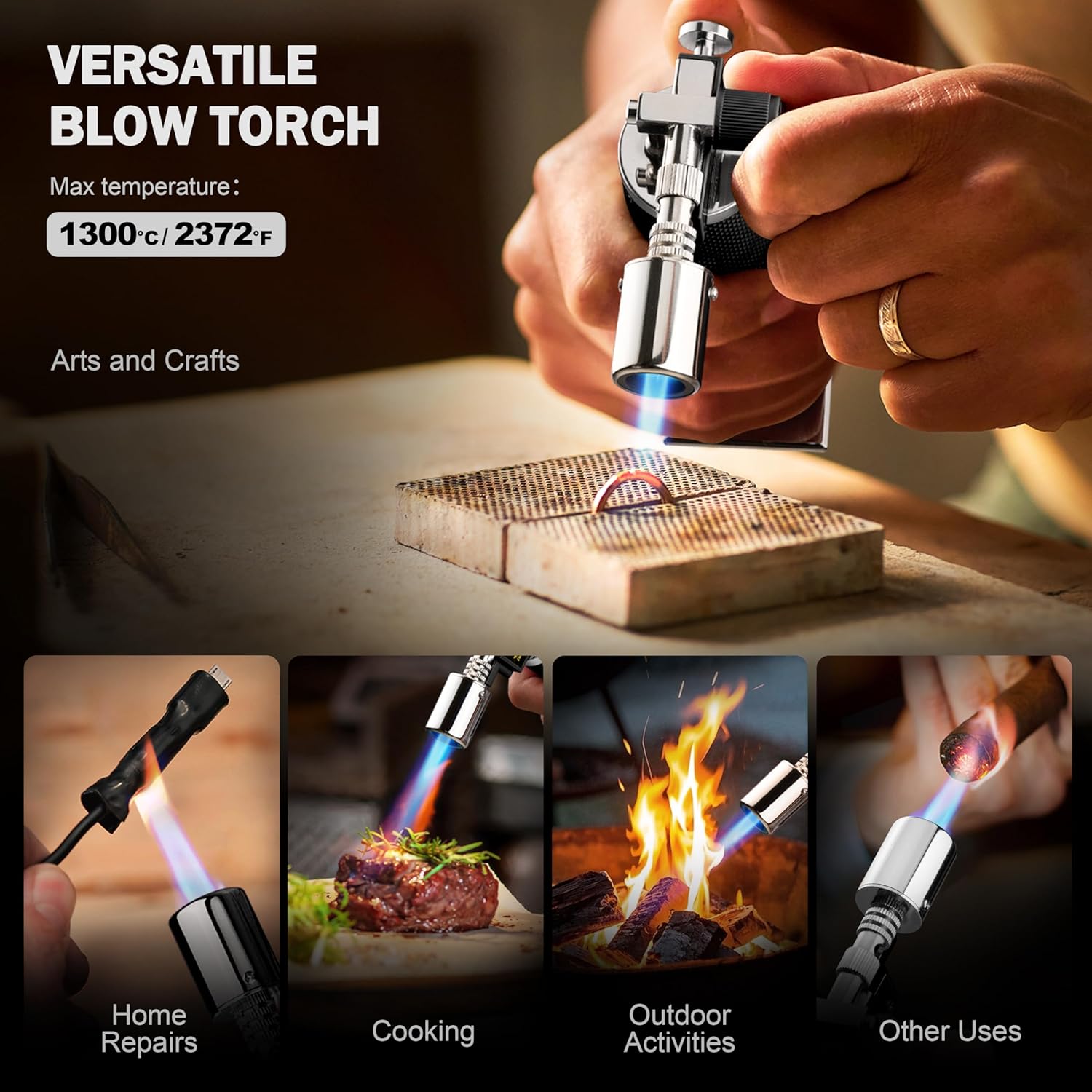 RAVS Butane Torch Lighter, Premium Metal Kitchen Torch with Adjustable Flame & Safety Buckle, Refillable Creme Brulee Torch for Baking, BBQ, DIY