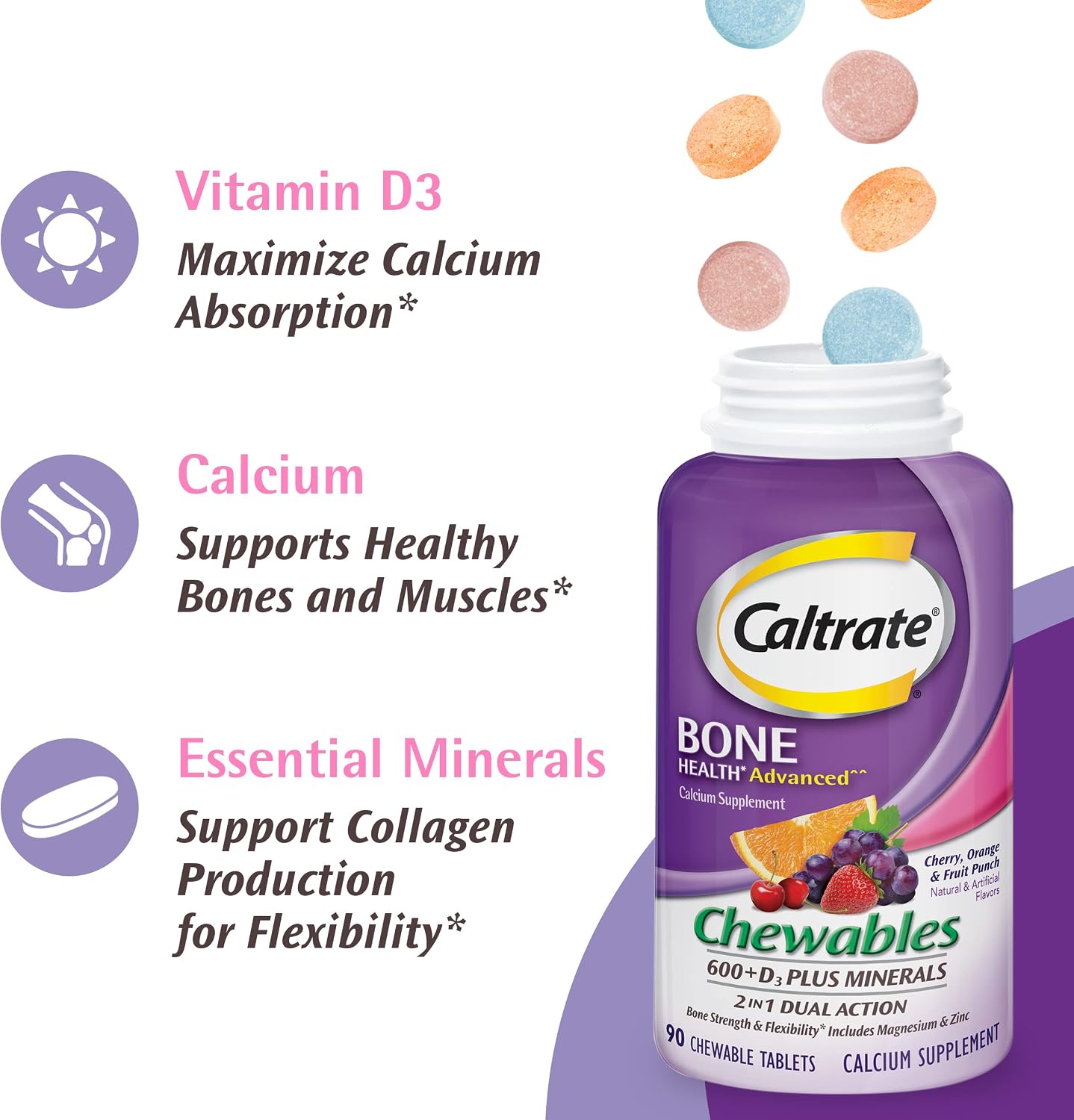Caltrate Chewables 600 Plus D3 Vitamin D and Calcium Supplement, 155 count | Sugar Free, Highest Level of Vitamin D3, Maximizes Calcium Absorption to Support Strong Bones and Daily Function