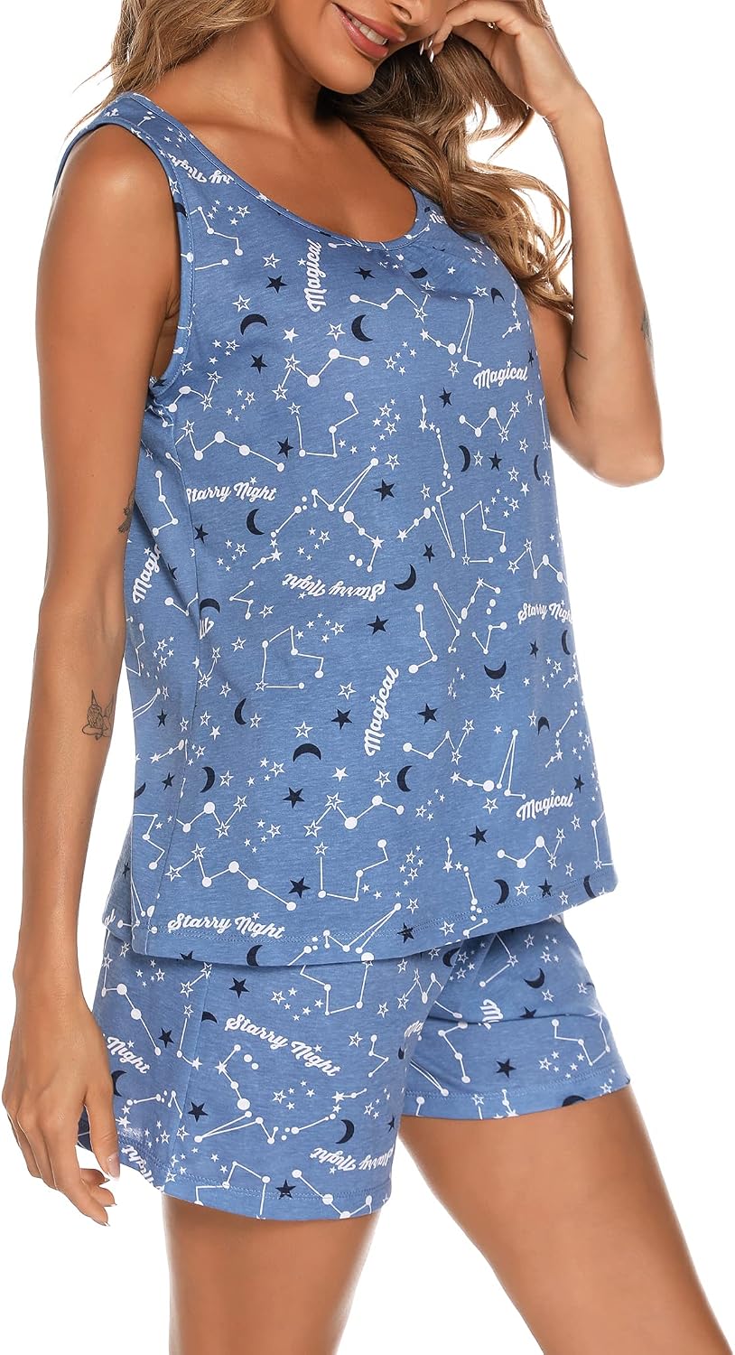 ENJOYNIGHT Womens Pajama Set Cotton Summer Sleep Tank and Shorts Pjs