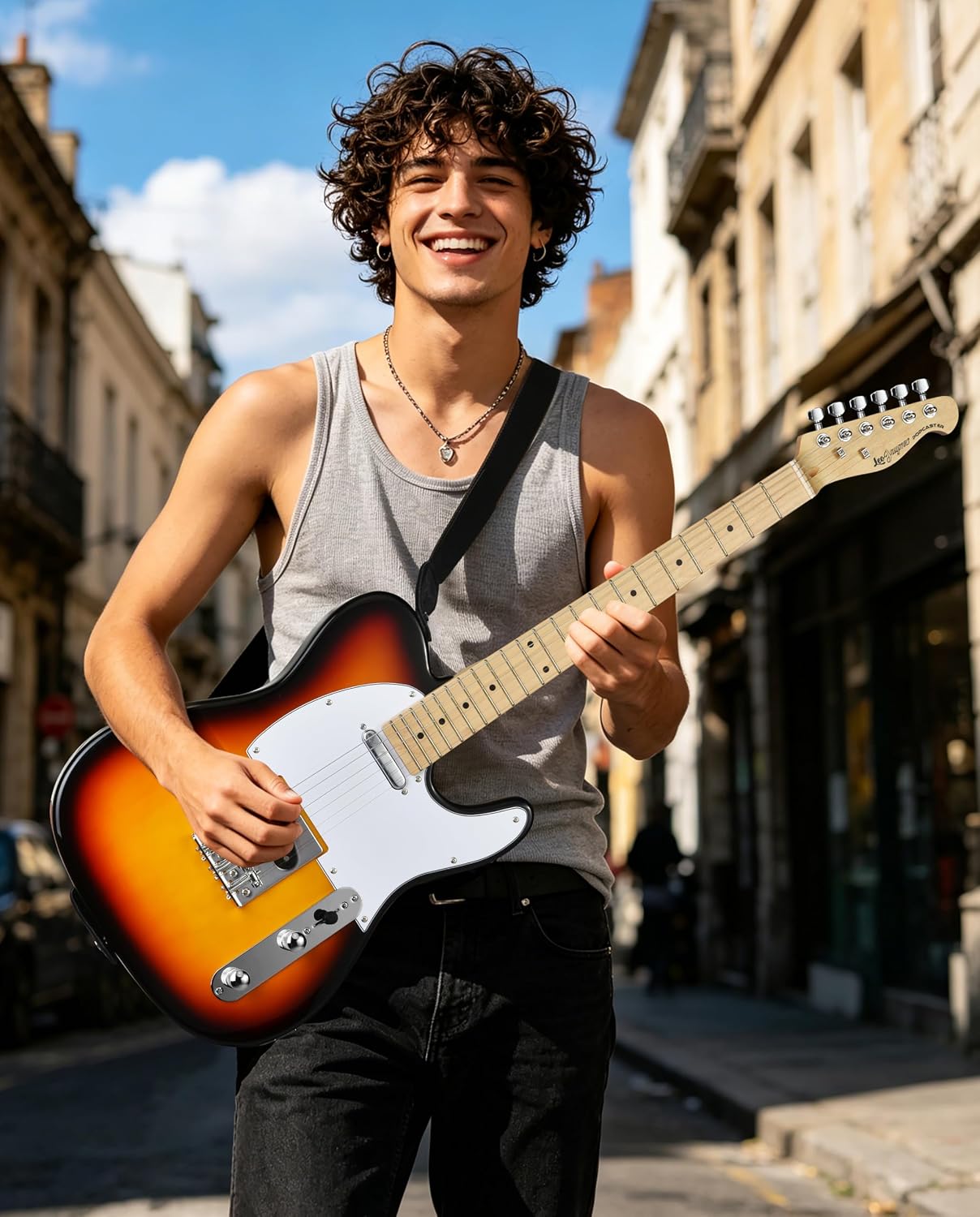 Leo Jaymz Beginner Electric Guitar Complete Kit with Portable Amp, Padded Gig Bag & Full Accessories, Maple Neck (TL-White)