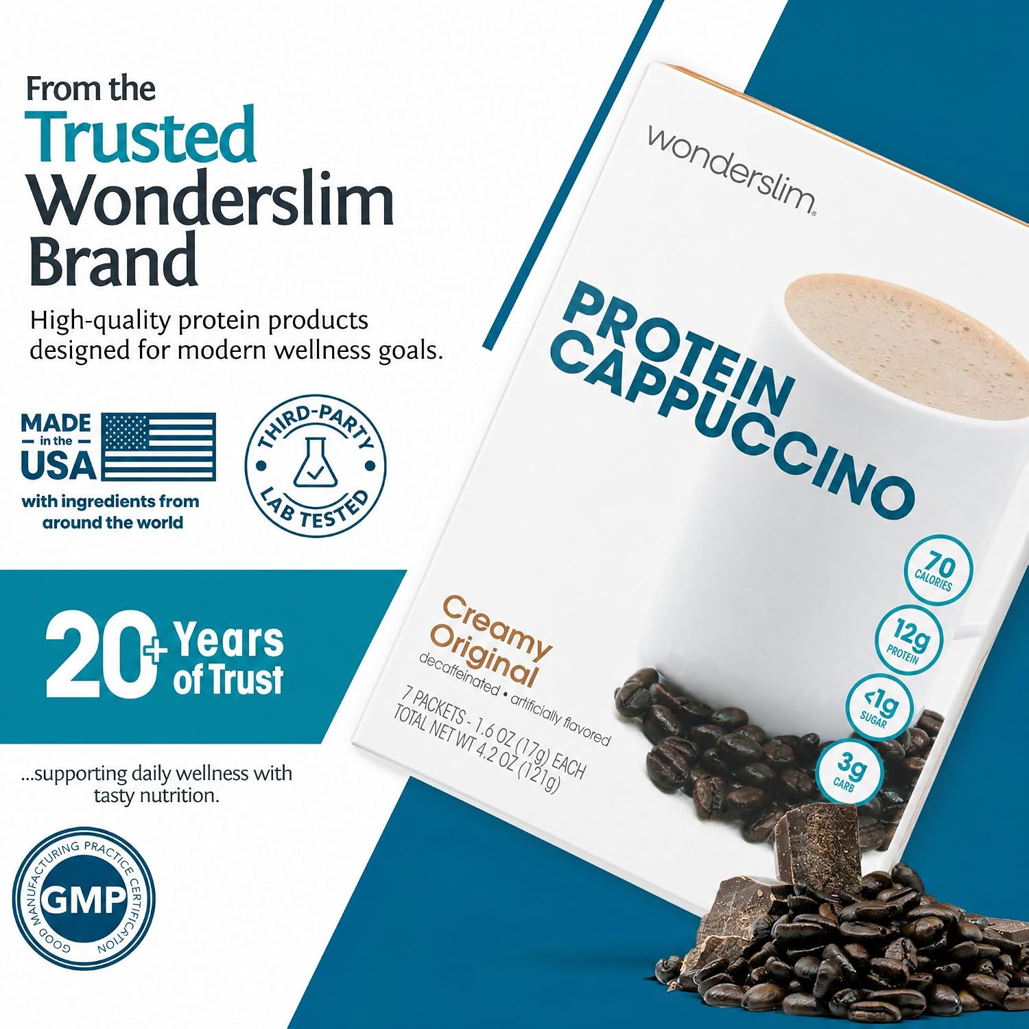 Wonderslim Protein Coffee Drink Mix with Casein Protein – 7 ct (Cappuccino) | With Collagen, 12g Protein, 70 Calories, Low Sugar, 3g Net Carbs, Keto Friendly, Gluten Free, GLP-1 Friendly Coffee Drink Mix