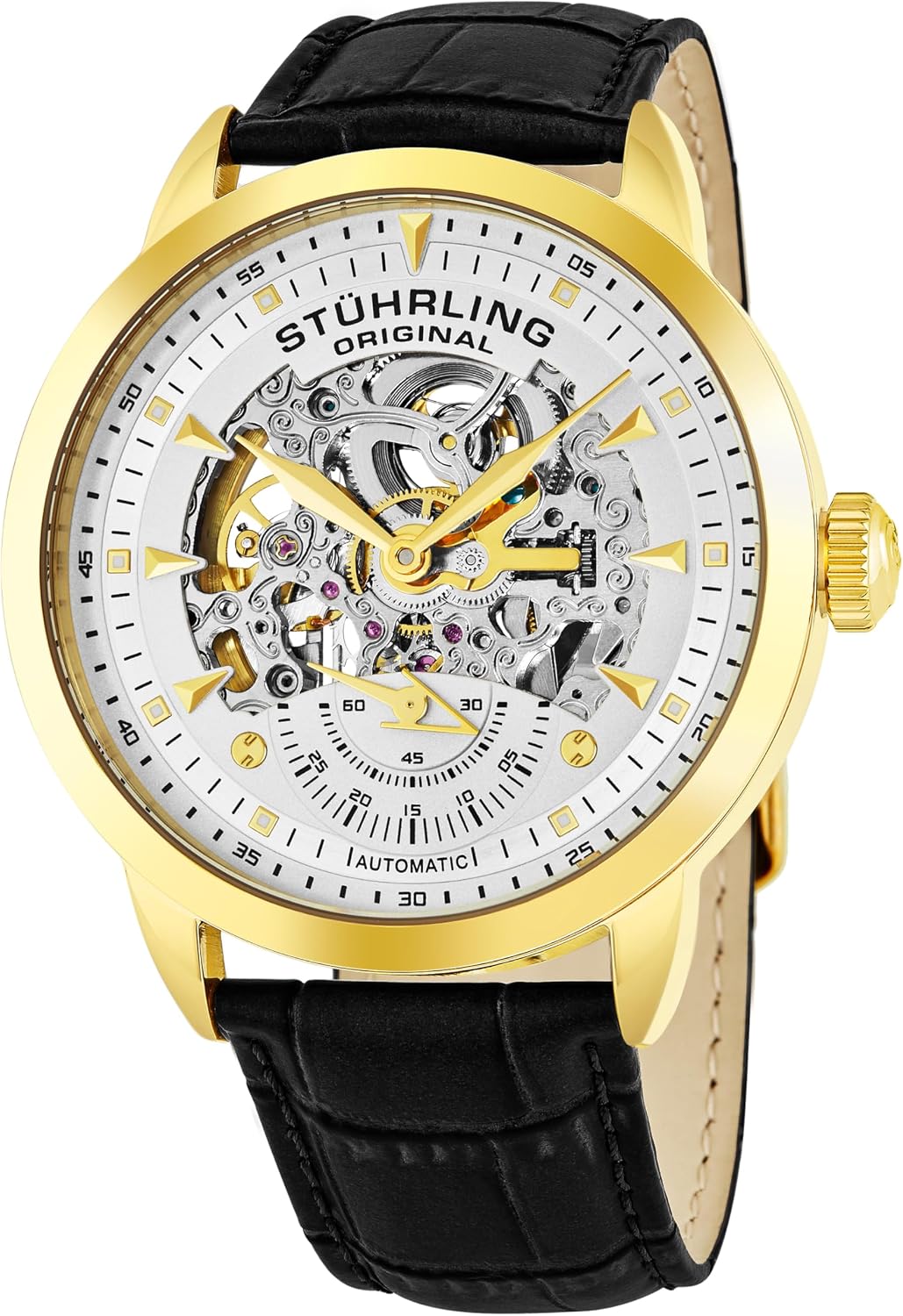 Stuhrling Original Mens Skeleton Automatic Dress Watch with Alligator Embossed Leather Strap Skeleton Dial