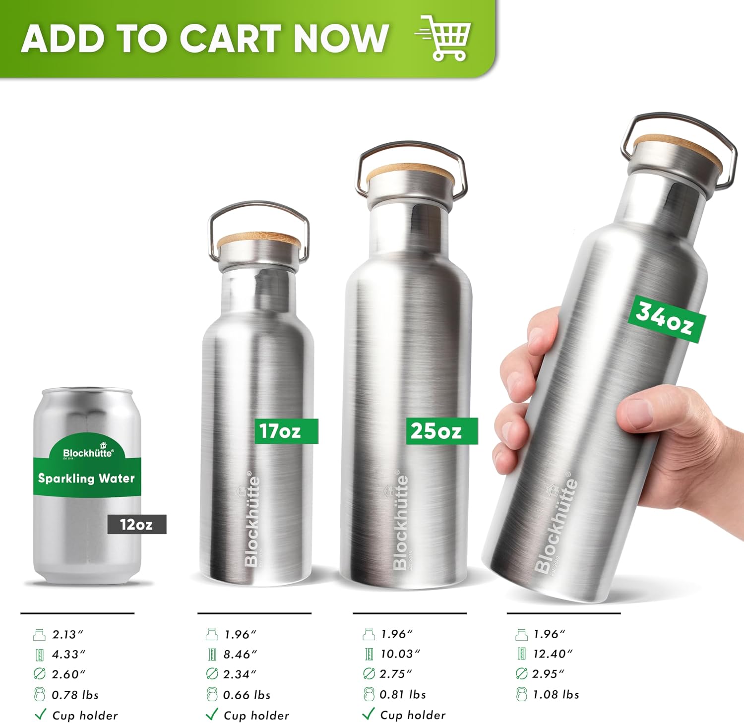 Blockhütte Vacuum Insulated Stainless Steel Water Bottle - 17 oz I Wide Mouth Metal Bottle for hot and cold drinks I BPA-Free I perfect for Travel