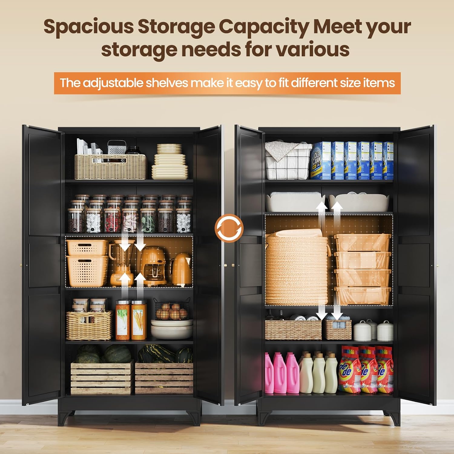 Metal Storage Cabinet with 2 Doors and 4 Adjustable Shelves - 61" White Kitchen Pantry Storage 5-Tier Tall Steel Cabinets Locker for Kitchen, Living Room, Dining Room