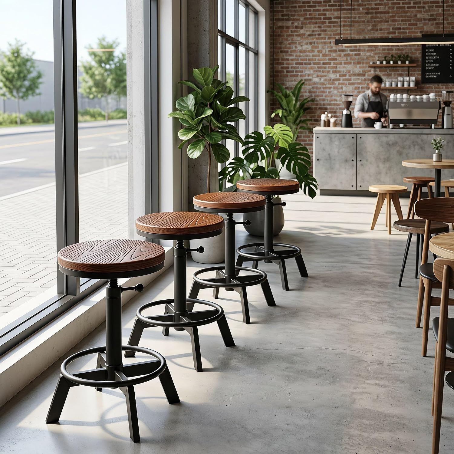 Set of 2 Industrial Bar Stools Short Stool Swivel Wooden Seat Kitchen Island Chairs Counter Height Adjustable 15.2-21inch