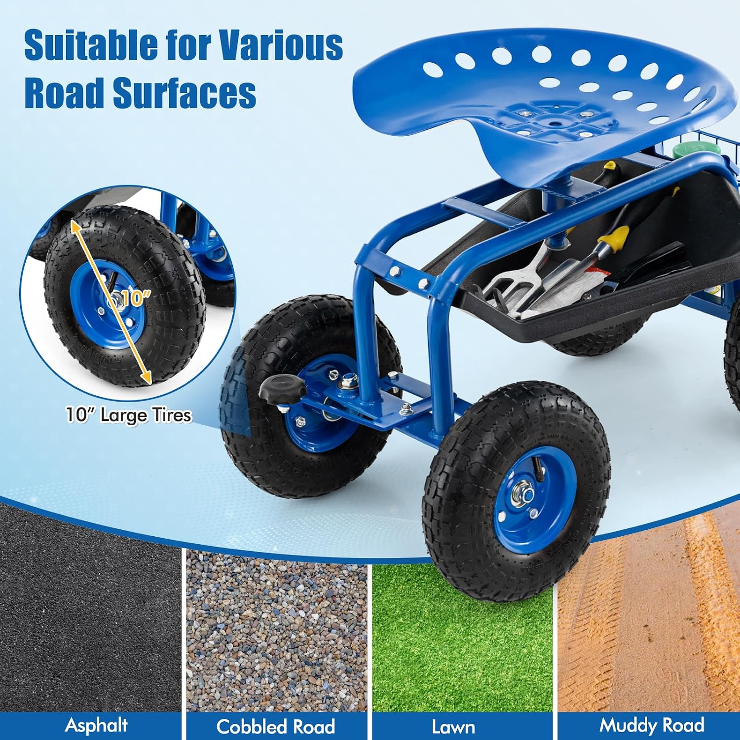 Goplus Rolling Garden Cart with Seat, Outdoor Garden Stool with Wheels, Tool Tray & Basket, Adjustable Steering Handle