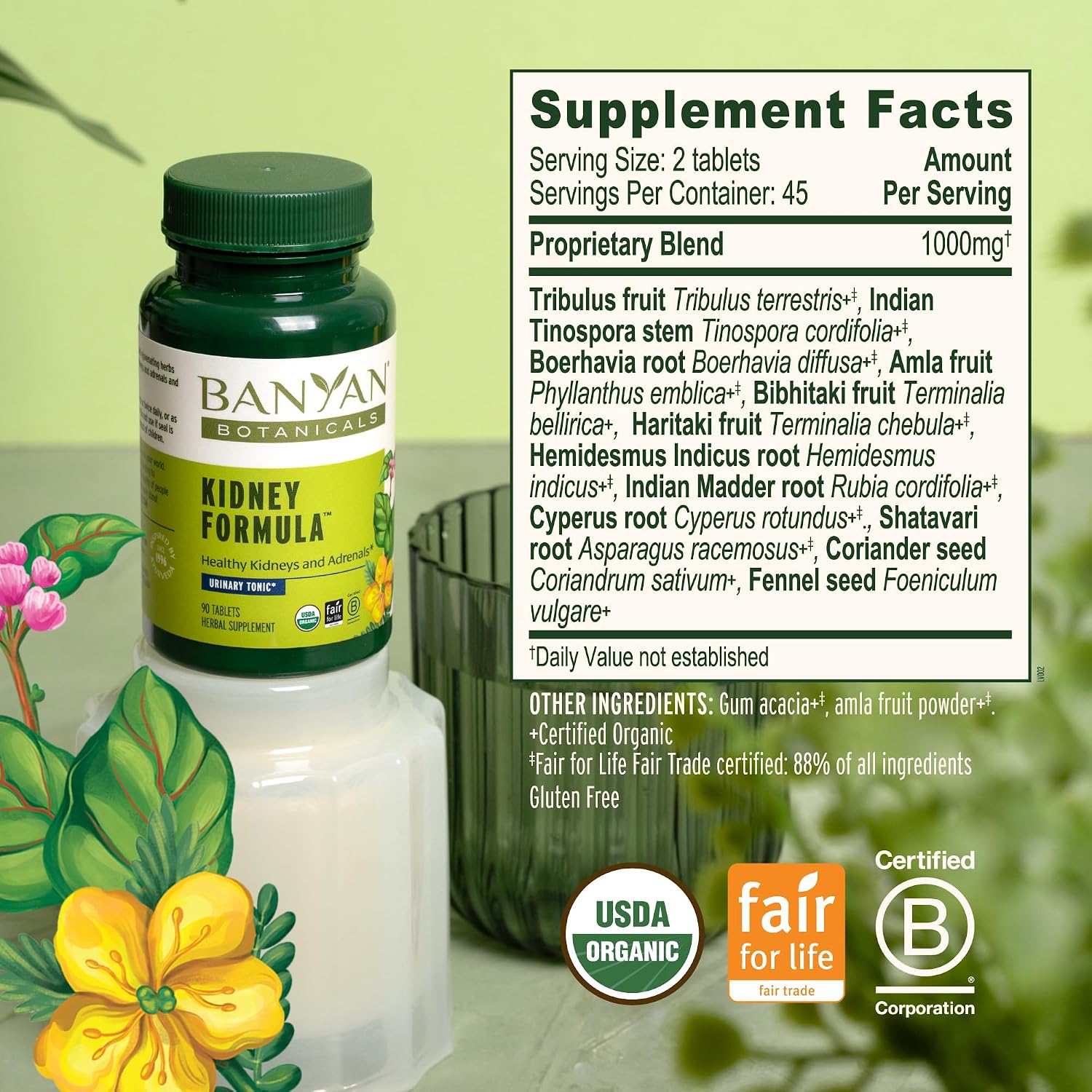 Banyan Botanicals Organic Kidney Formula–Urinary Tract Support & Detox Supplement–Gokshura & Punarnava for Fluid Balance & Systemic