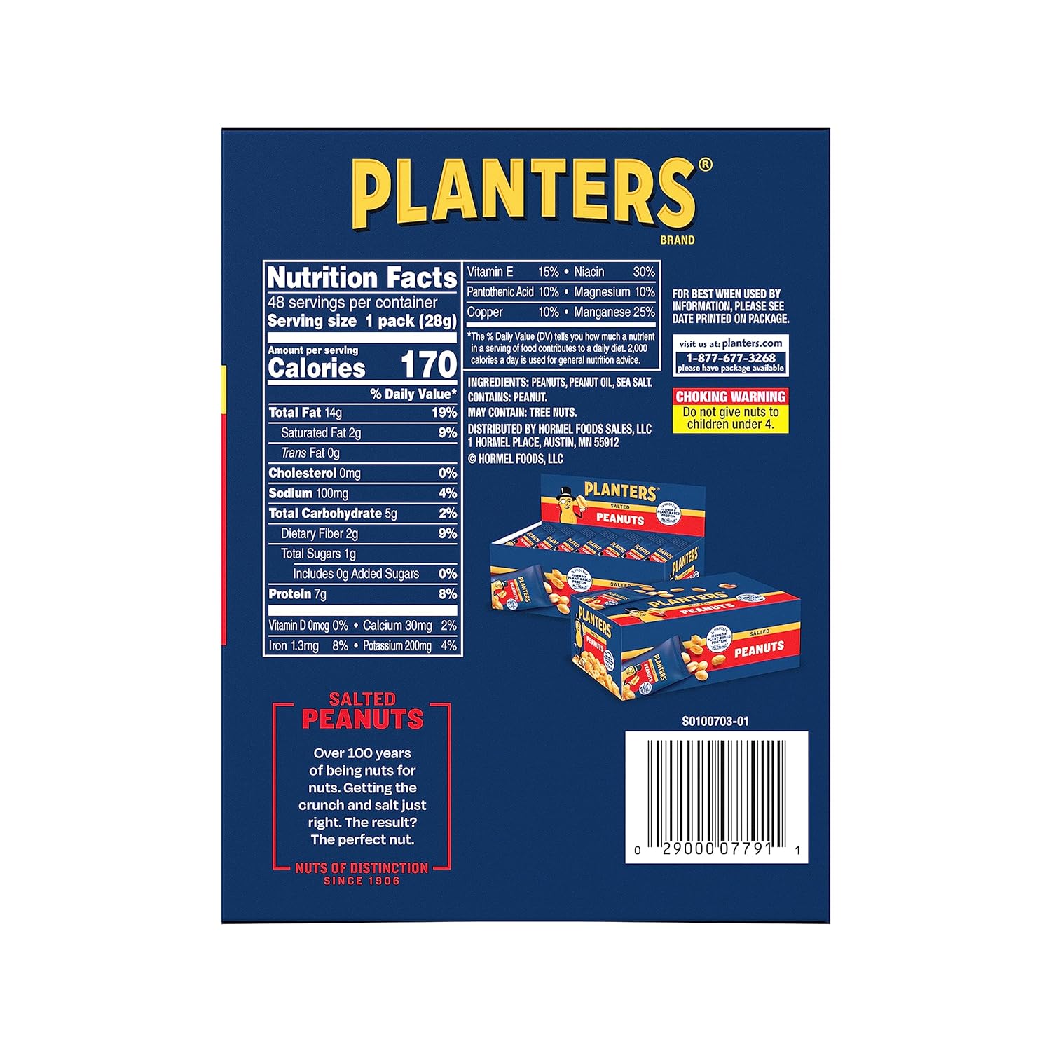 PLANTERS Salted Peanuts, Plant Based Protein Snacks, 1 Oz (48 Ct) | Roasted Salted Nuts Snack Packs. Kosher. Bag. Snacks for Adults. Individual Snacks