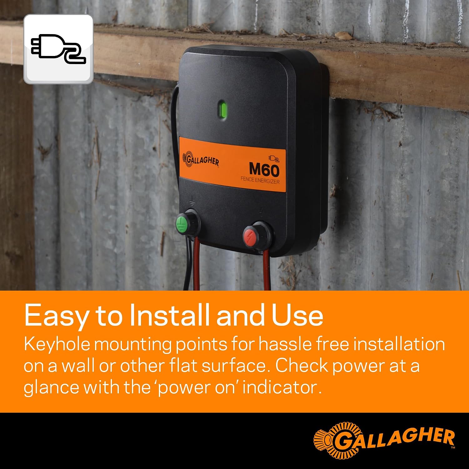 Gallagher M60 Electric Fence Charger | 110V Plug-in Energizer for Up to 20 Acres or 5 Miles | Low-Impedance Fencer for Livestock, Poultry