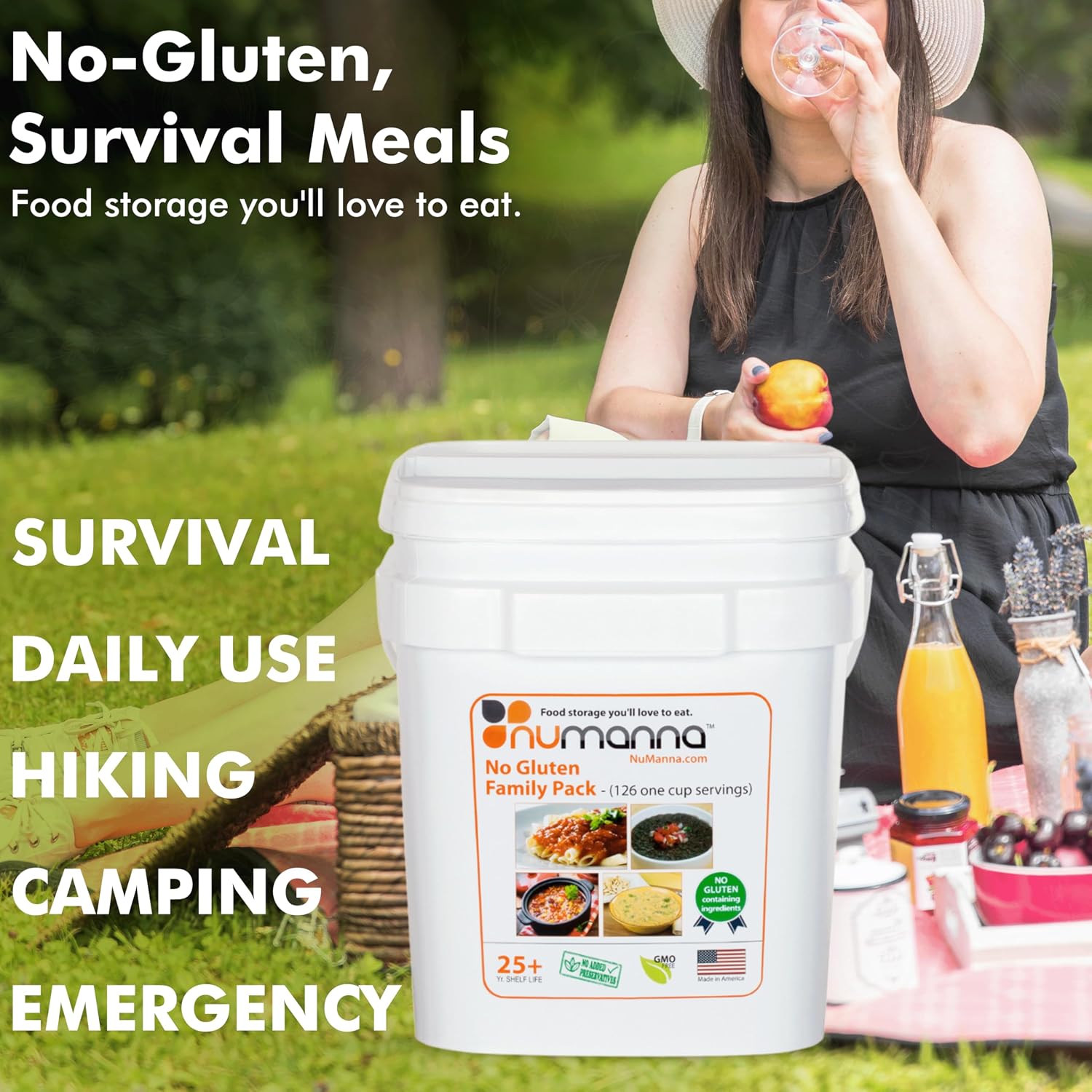 Numanna No-Gluten Family Pack Bucket – 126 Servings, 20 lbs | 25-Year Shelf Life | 1-Month Non-Perishable Meal Kit | Emergency Food Supply, Everyday Use, Quick-Prep Survival Meals | Made in USA | Pack of 1