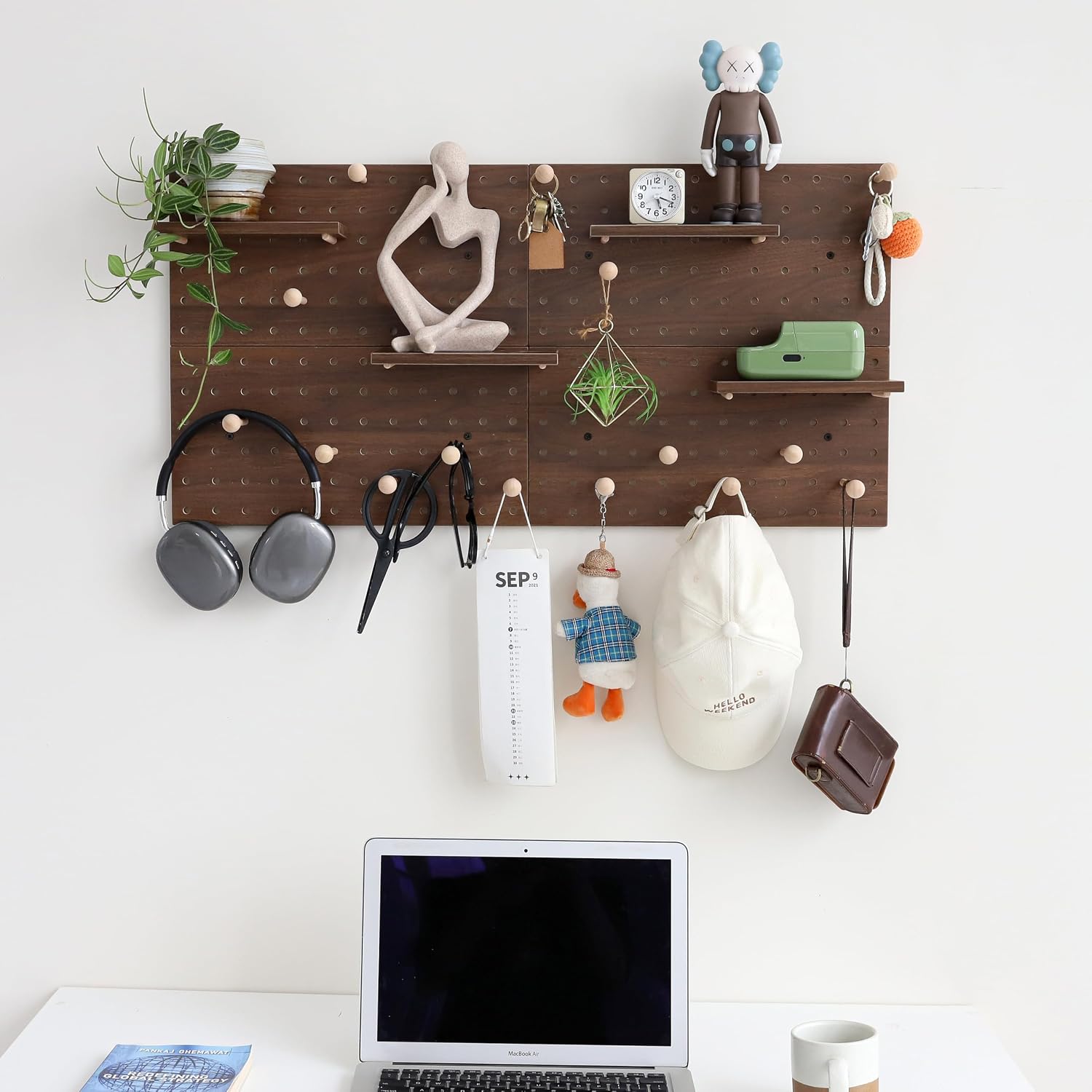 Wooden Pegboard Modular Display Organization Storage Wall Hooks Shelf(Color:Oak)