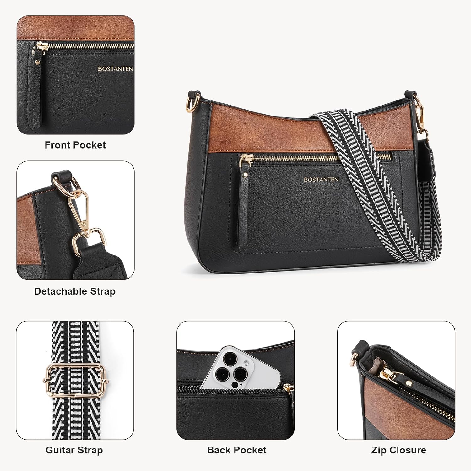 BOSTANTEN Crossbody Purses for Women Medium Shoulder Bag Quilted Handbags with Zipper Pocket