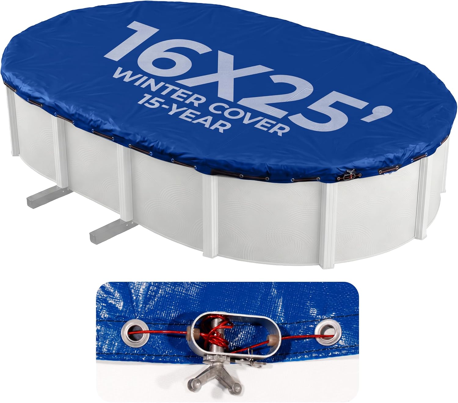 Blue Wave Arctic Armor 12x24-ft Oval Above Ground Pool Winter Cover, Blue | 14x14 laminated polyethylene, metal grommets every 2 ft, black underside, cable and winch, 4-ft overlap, 15-yr support