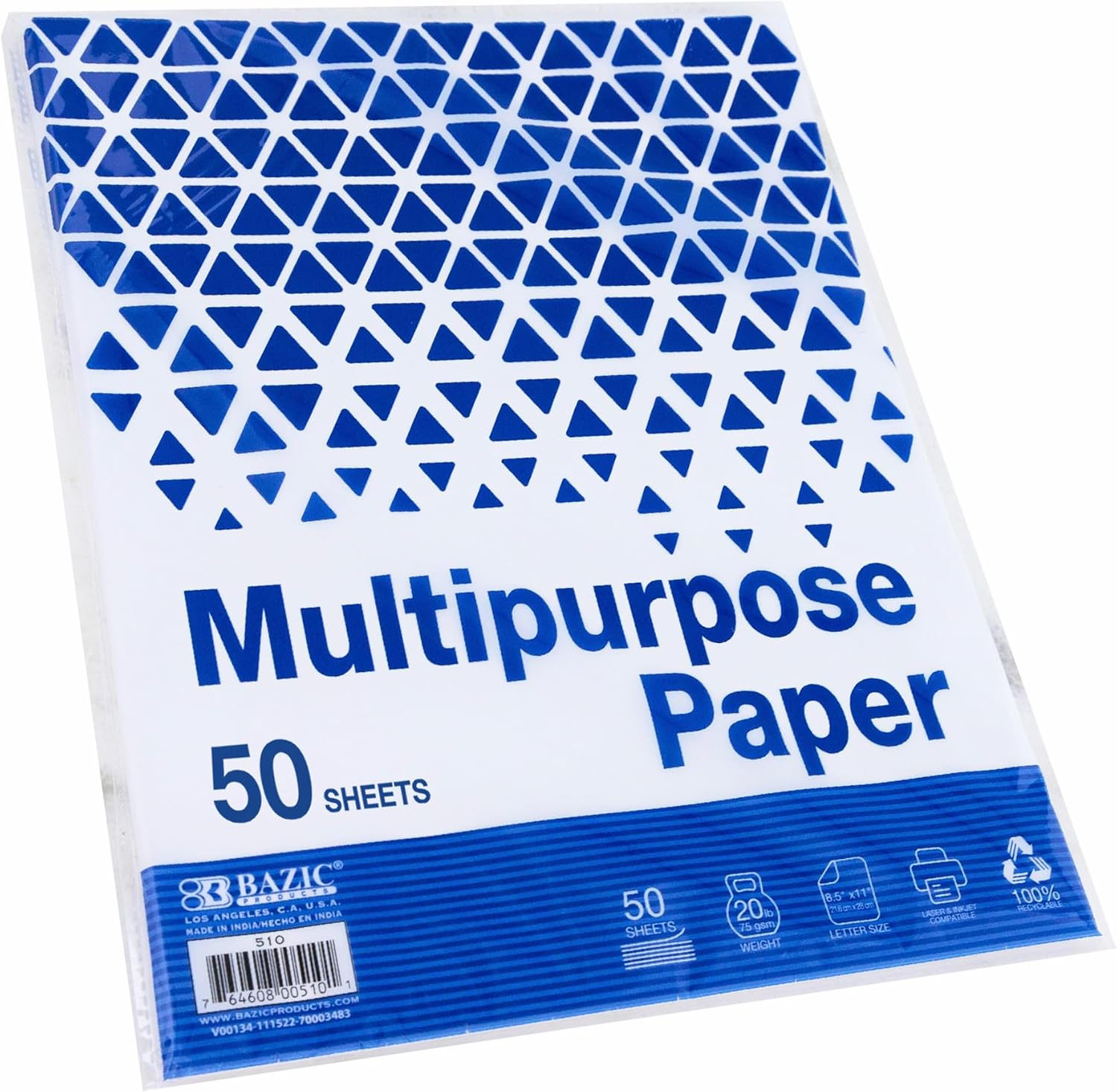 BAZIC Products White Multipurpose Paper, 8.5 x 11 in, 50 Sheets | 20 lb (75 gsm), 100% recycled, laser and inkjet compatible