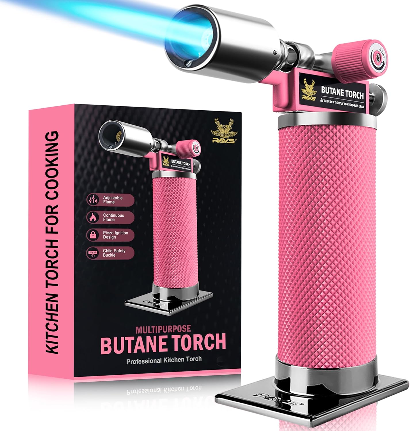 RAVS Butane Torch Lighter, Premium Metal Kitchen Torch with Adjustable Flame & Safety Buckle, Refillable Creme Brulee Torch for Baking, BBQ, DIY