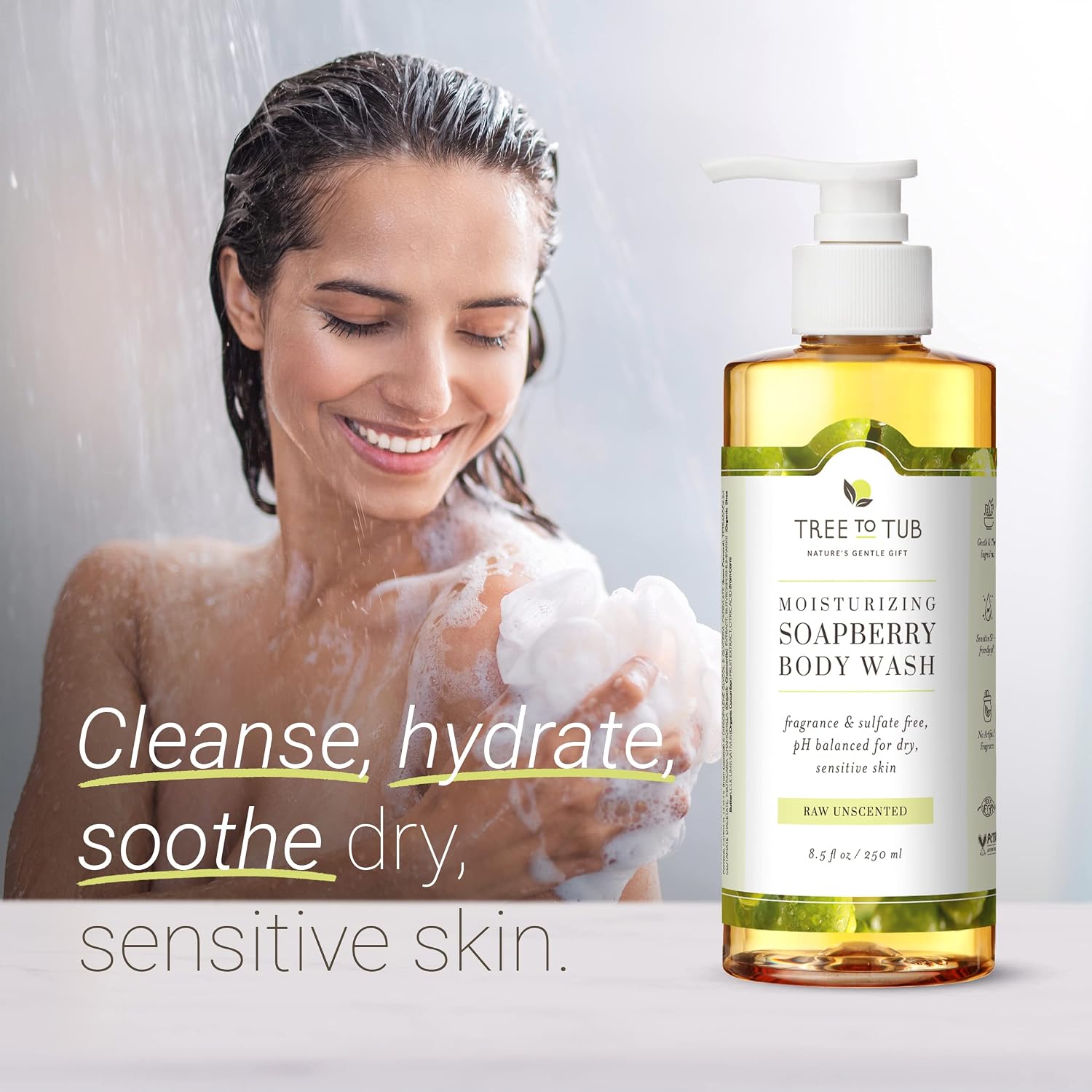 Tree To Tub Soapberry Body Wash for Dry, Sensitive Skin, pH 5.5, 8.5 Fl Oz | Sulfate & Paraben-Free, Rich Lather, Fragrance-Free, Shea Butter & Aloe Vera, Vegan & Cruelty-Free, Gentle for Daily Use