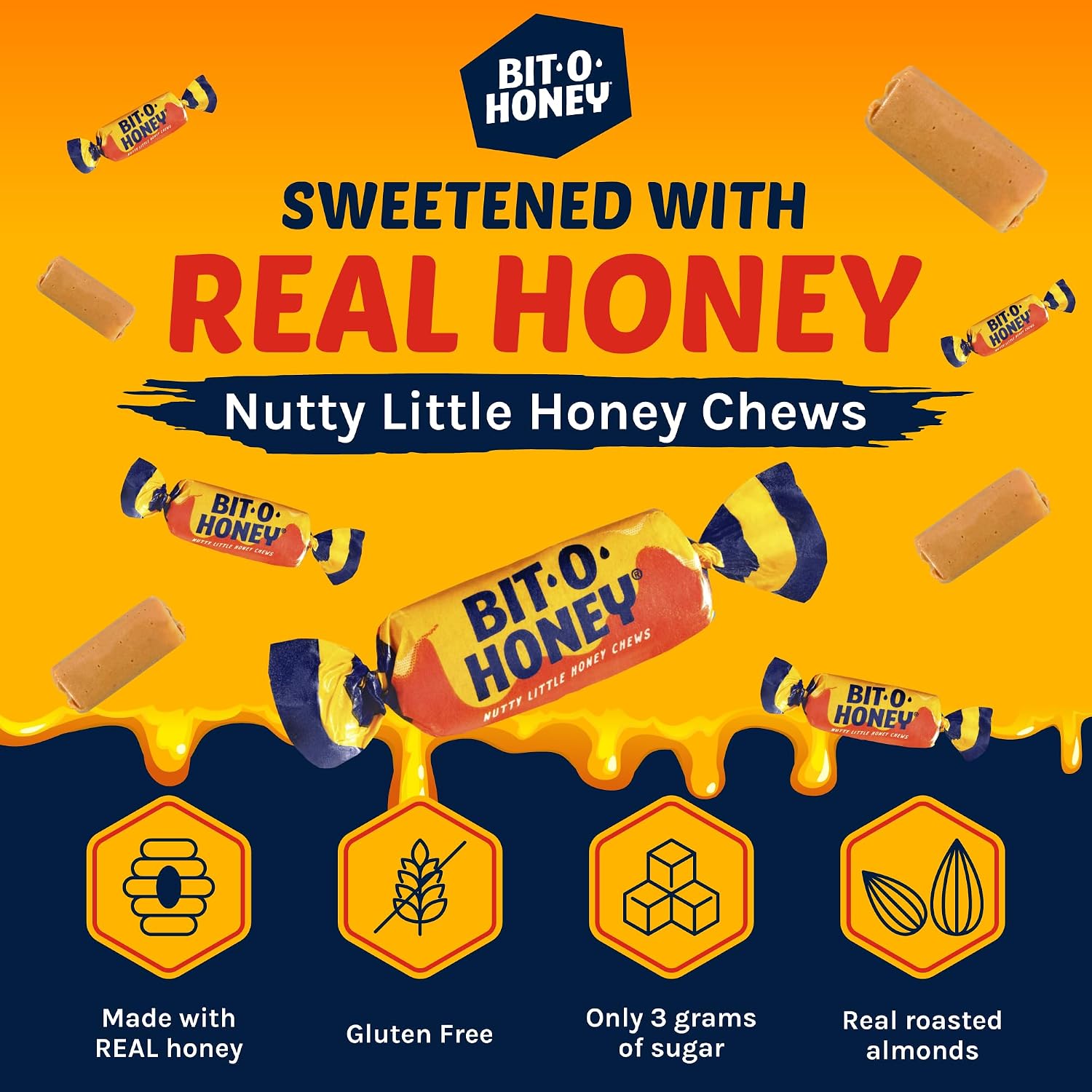 Bit O Honey Candy - Individually Wrapped Honey Taffy with Roasted Almond Bits, Gluten-Free, Classic Bite-Sized Treats, Sweet and Chewy Taffy Candy Bulk Bag - 5 LBS