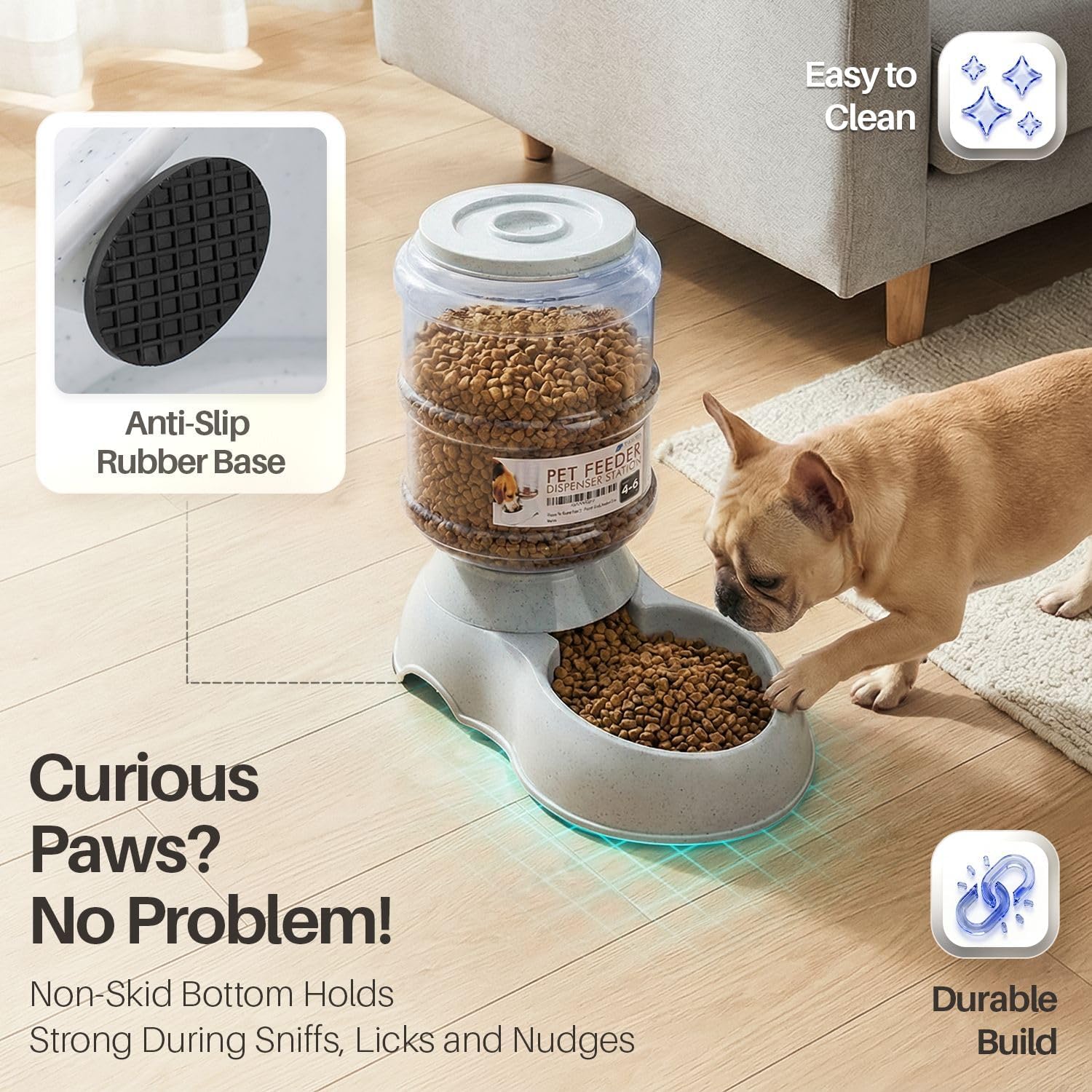 Flexzion Gravity Pet Feeder, Dog and Cat Food Dispenser, 1-Gallon Capacity | Self-Replenishing Dry Food Station with Non-Skid Feet and a Carry Handle; Holds Approximately 4-6 Lb Of Kibble