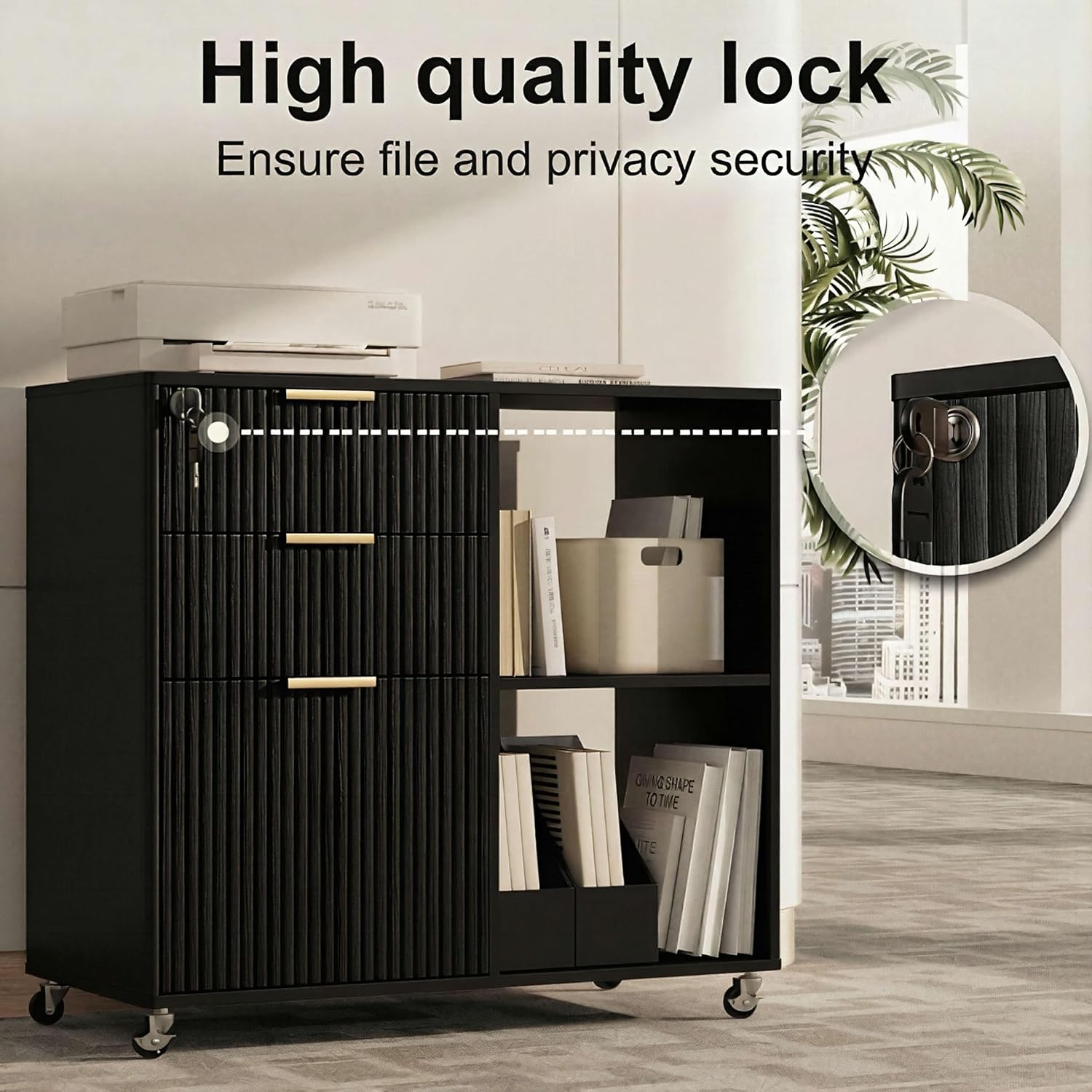 3 Drawer Fluted Mobile Filing Cabinet with Lock, Lateral Rolling Under Desk File Cabinet, Wooden Printer Stand Table for Home Office Essentials Storage Organization Furniture Letters/A4(Oak)