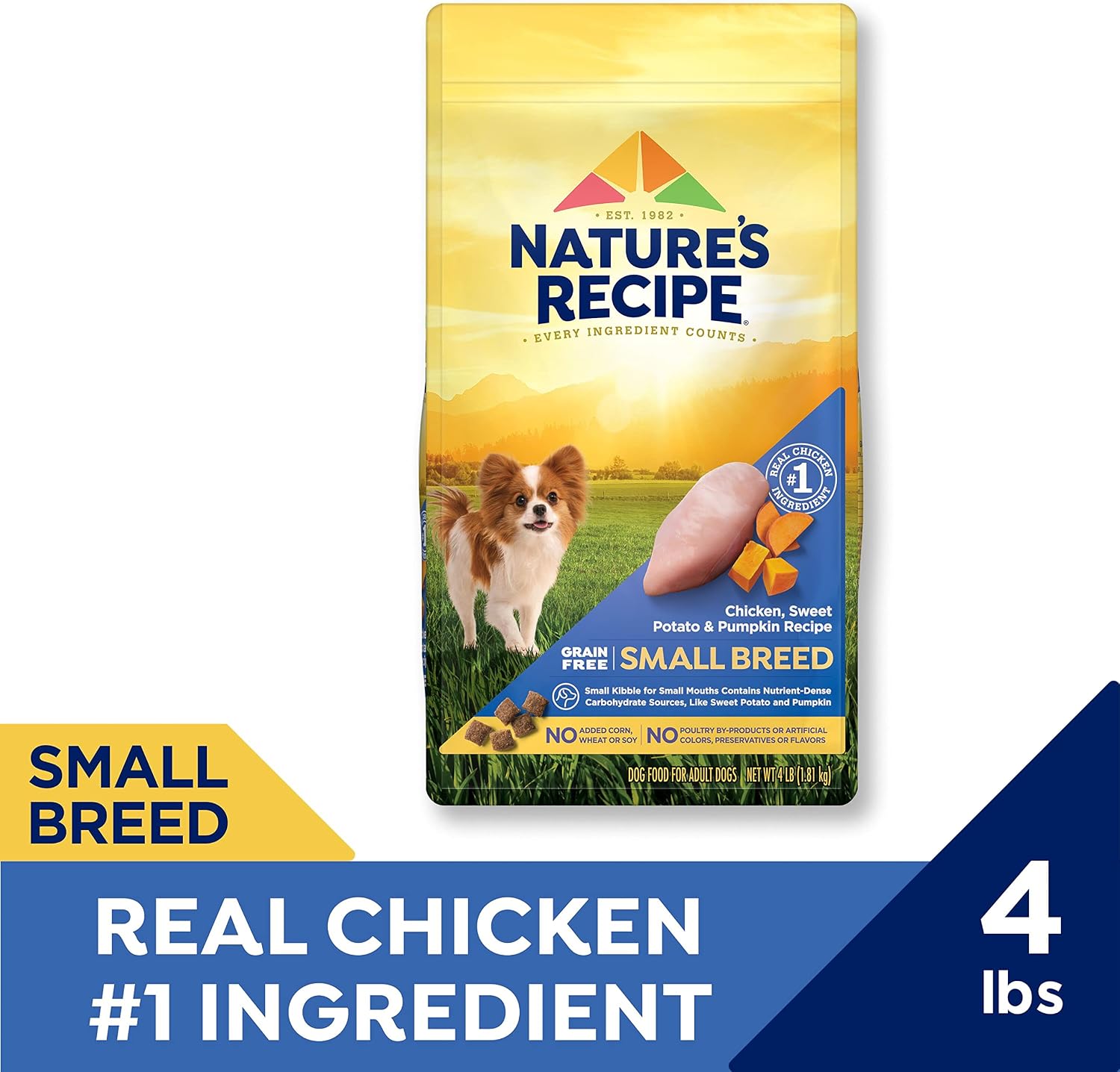 Nature's Recipe Grain Free Small Breed Dry Dog Food, Chicken, Sweet Potato & Pumpkin Recipe, 4 lb. Bag | Chicken, Sweet Potato & Pumpkin Recipe for Small Adult Dogs, Made with No Poultry By-Product Meal or Artificial Preservatives