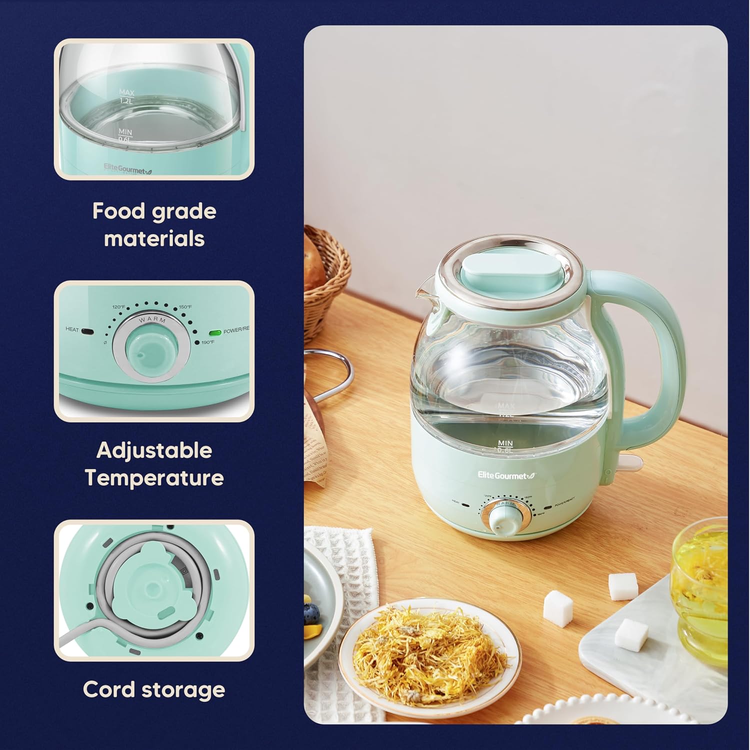 Elite Gourmet 1.2L Glass Kettle, 1200W Fast Boil, Temp Control, Mint