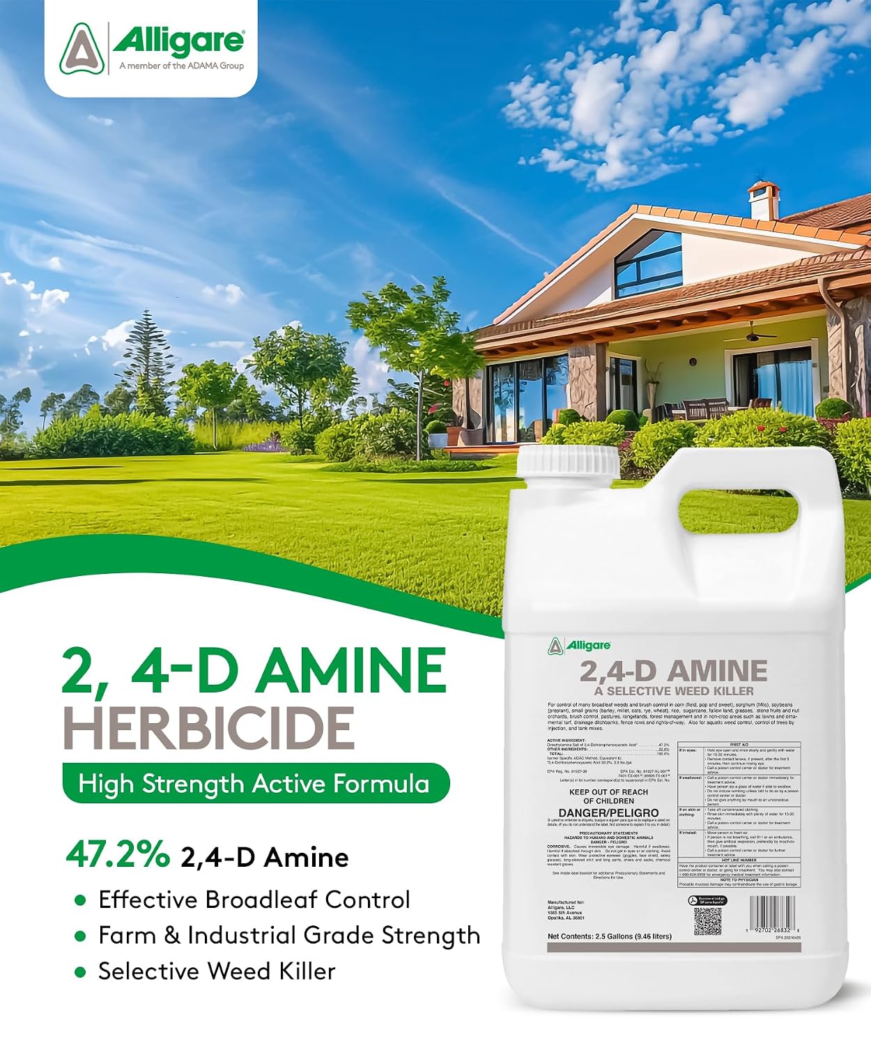 ALLIGARE 2,4-D Amine Weed Killer Concentrate - Post-Emergent Herbicide to Control Pigweed, Thistle, Ragweed, & More - 47.2% Active Ingredient - for Lawns, Pastures, Aquatic Sites & Crops - 2.5 Gallon