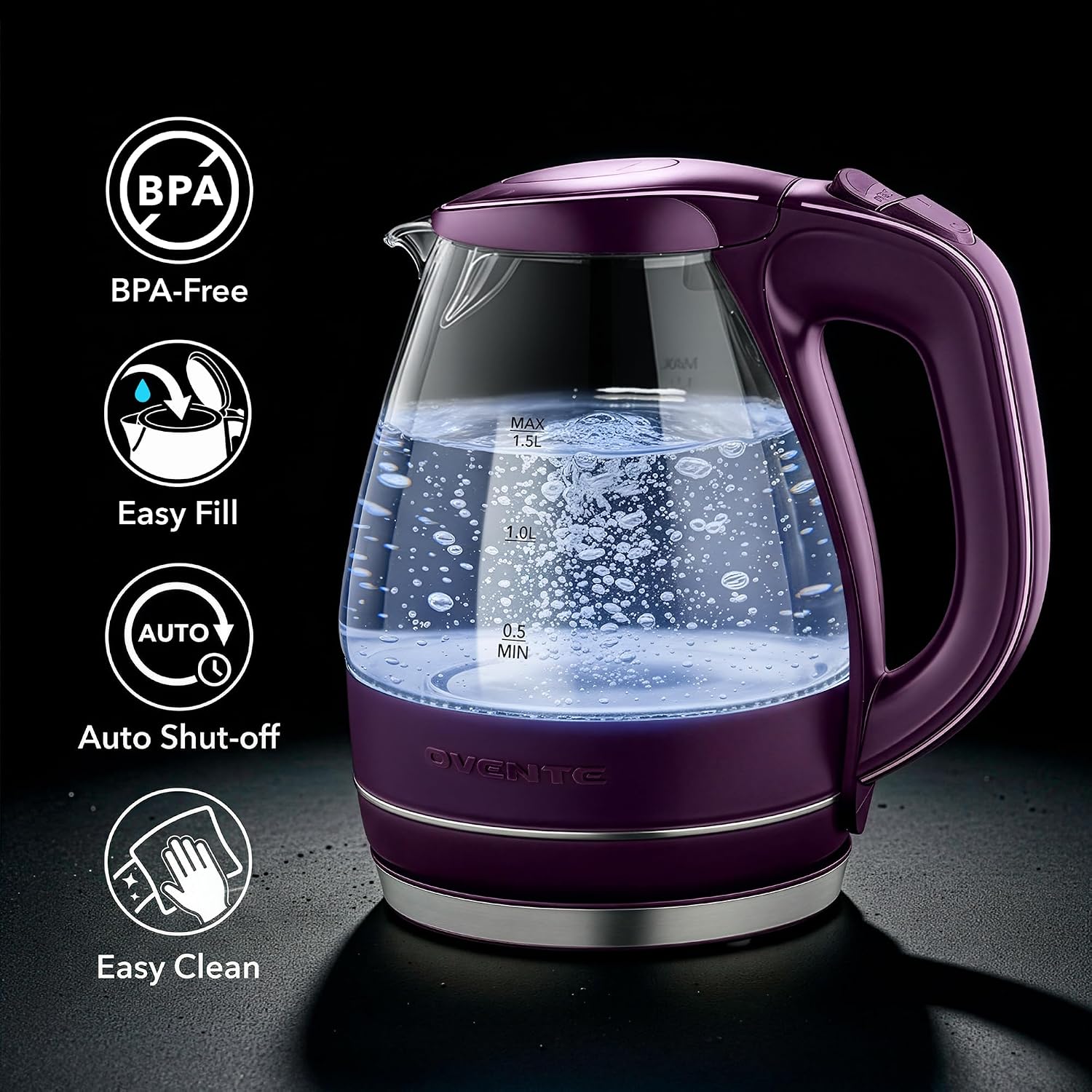 OVENTE 1.5L Glass Electric Kettle Water Boiler, Black KG83B | 1100W Fast Boiling, Borosilicate Glass, BPA-Free, Blue LED, Auto Shut-Off, Boil-Dry Protection, Removable Filter, 360° Base