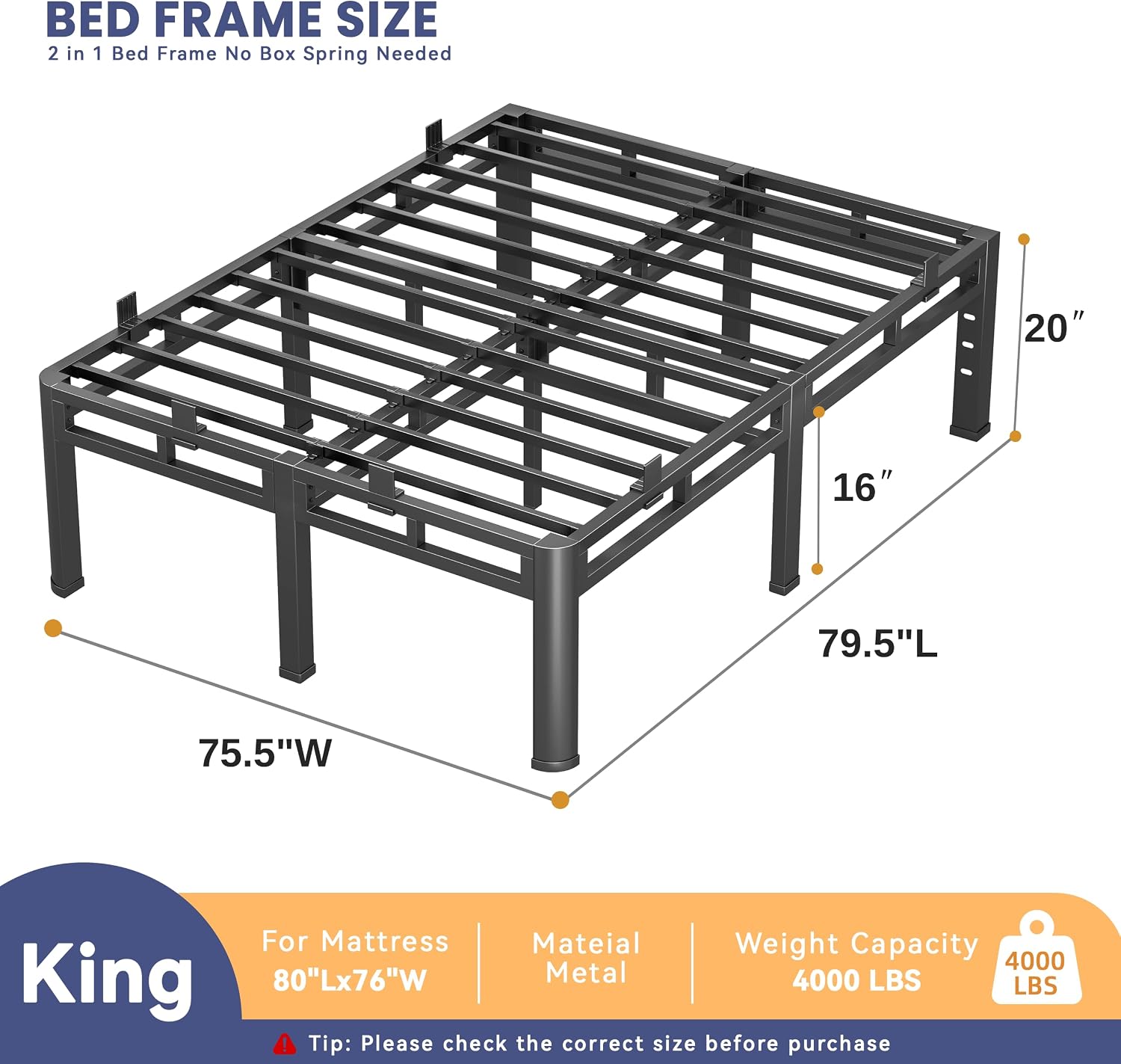 20 Inch Queen Size Bed Frame,Double Layer Heavy Duty Metal Platform Tall | Easy Assembly,Noise Free,2in1 Base,4000lbs Capacity,6 Mattress Stoppers,Round Corner Legs,16"Storage Space,Headboard Holes