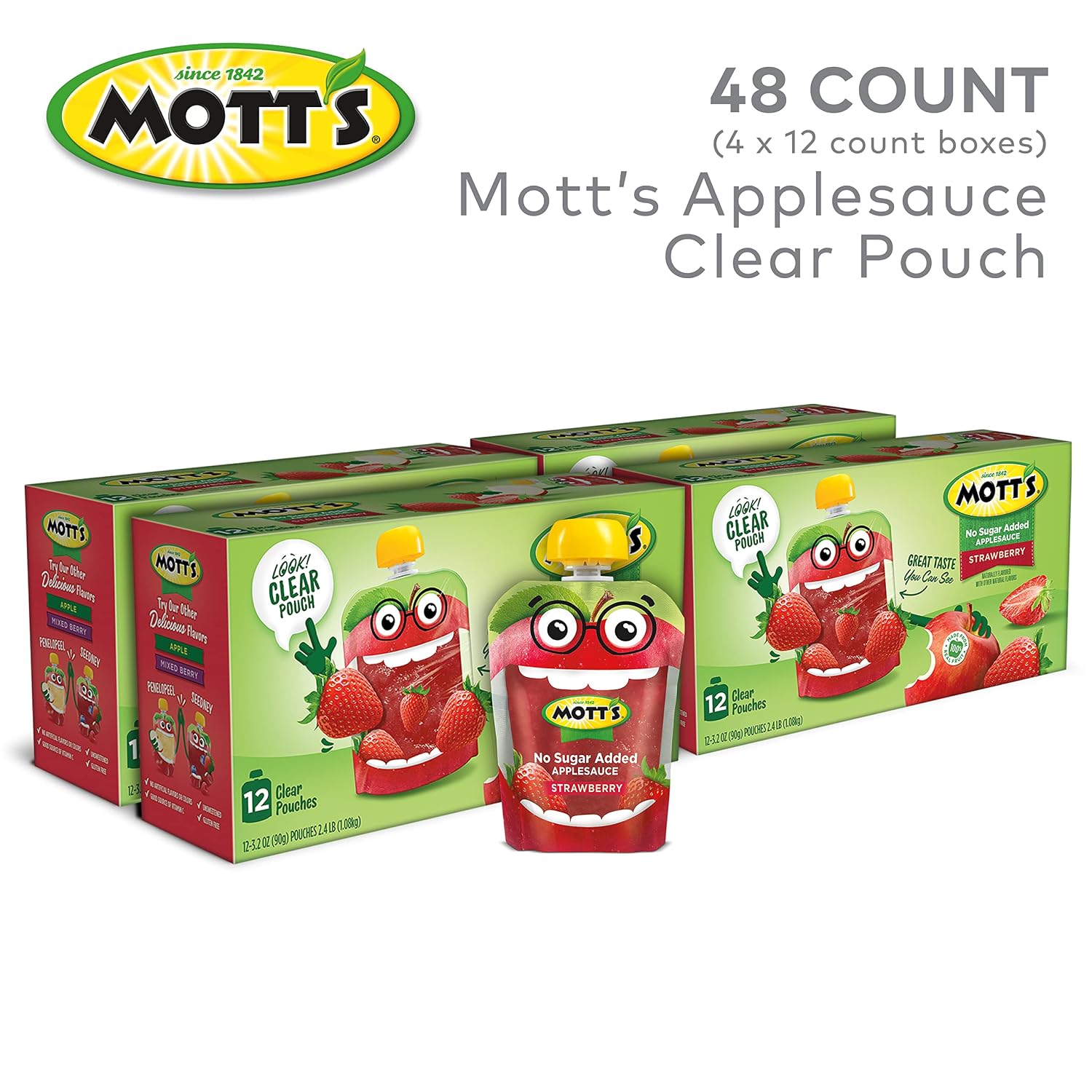 Mott's No Sugar Added Strawberry Applesauce, 3.2 Oz Clear Pouches, 48 Count (4 Packs Of 12), Good Source Of Vitamin C, No Artificial Flavors