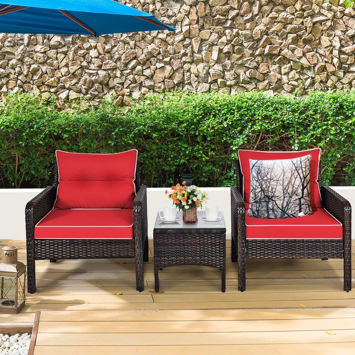 Tangkula 3 Piece Outdoor Patio Furniture Set, Wicker Chairs Set with Glass Top Coffee Table, Thick Cushions