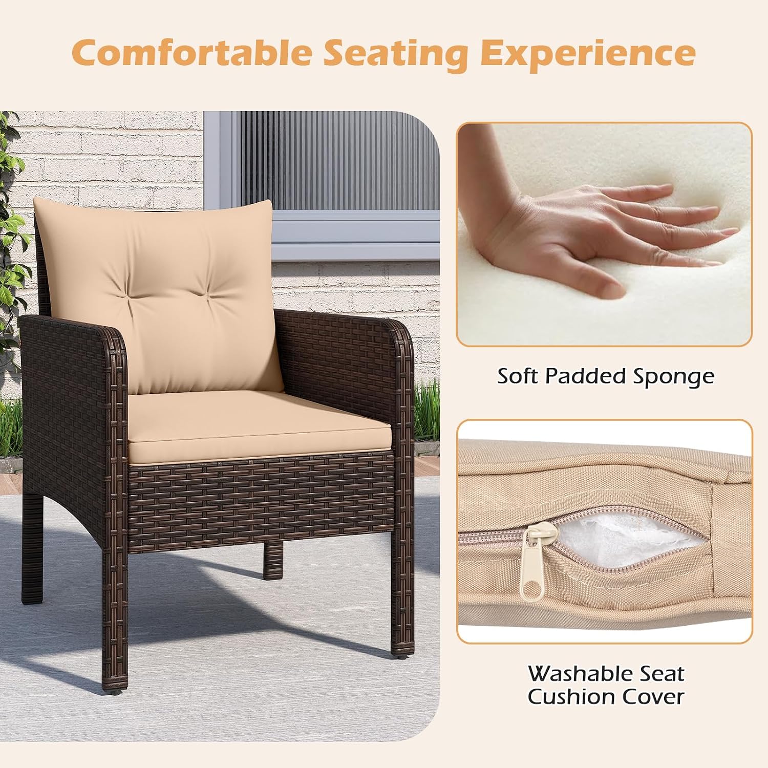 Tangkula 3 Piece Outdoor Patio Furniture Set, Wicker Chairs Set with Glass Top Coffee Table, Thick Cushions