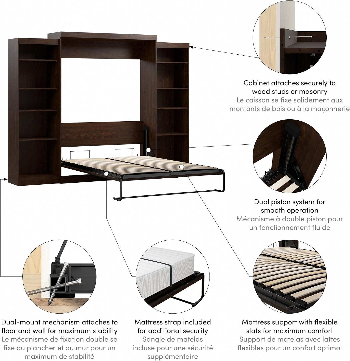 Bestar Pur Full Murphy Bed and 2 Shelving Units with Drawers, 109-inch Space-Saving Sleeping Arrangement in White | 2 Shelving Units with Drawers; supports up to 1000 lb; min. ceiling height 86.4 in.; dual piston mechanism; 10-year warranty